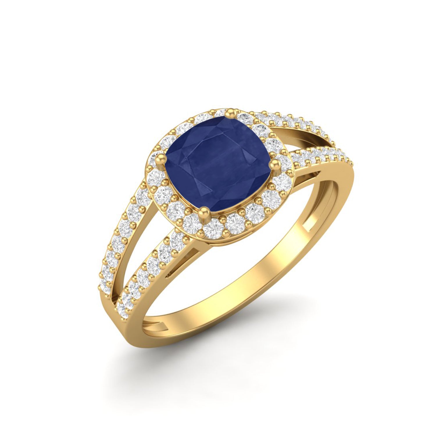 Blue Sapphire Split Shank Halo Ring – Sterling Silver