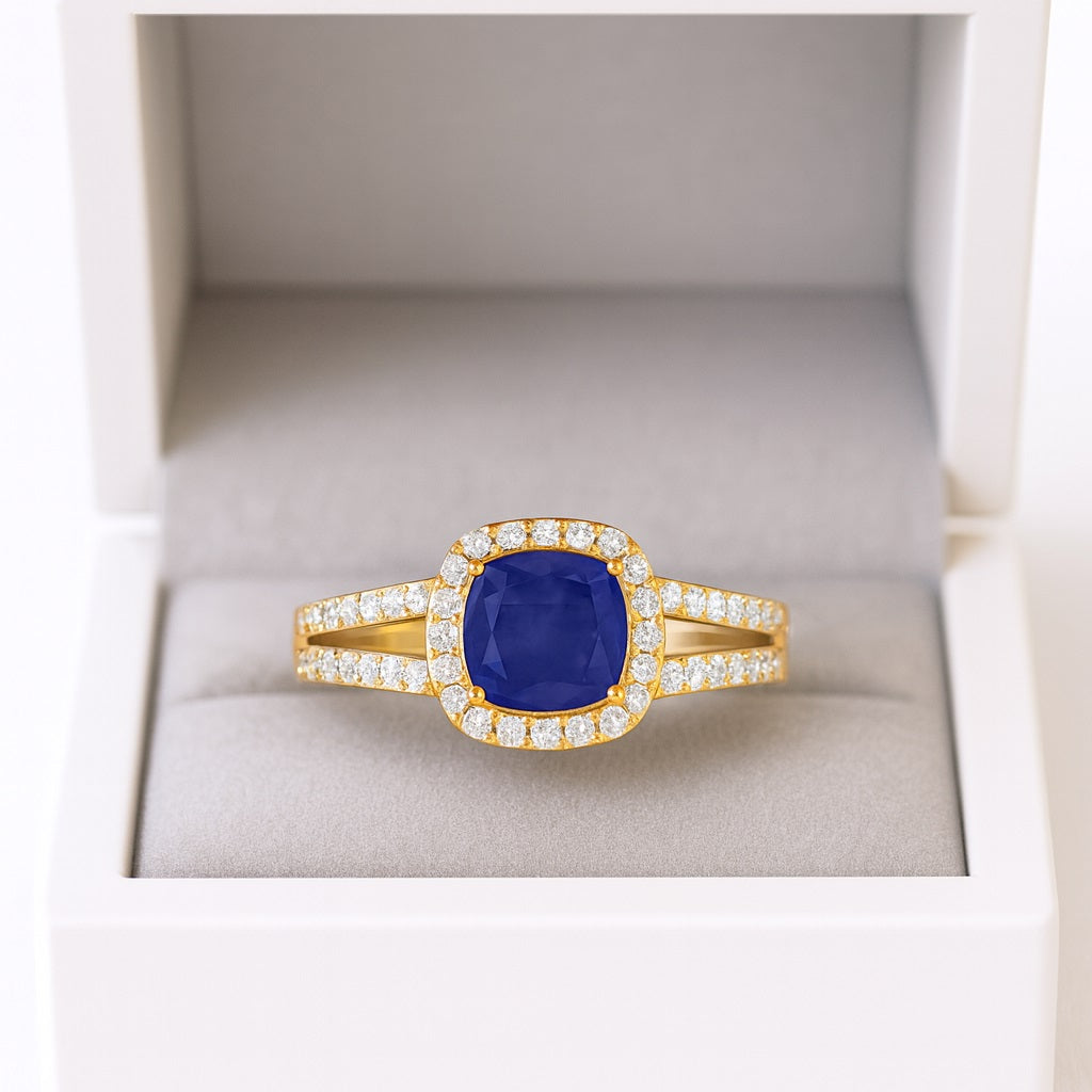Blue Sapphire Cushion Solitaire with Accents Ring - 14k Yellow Gold–