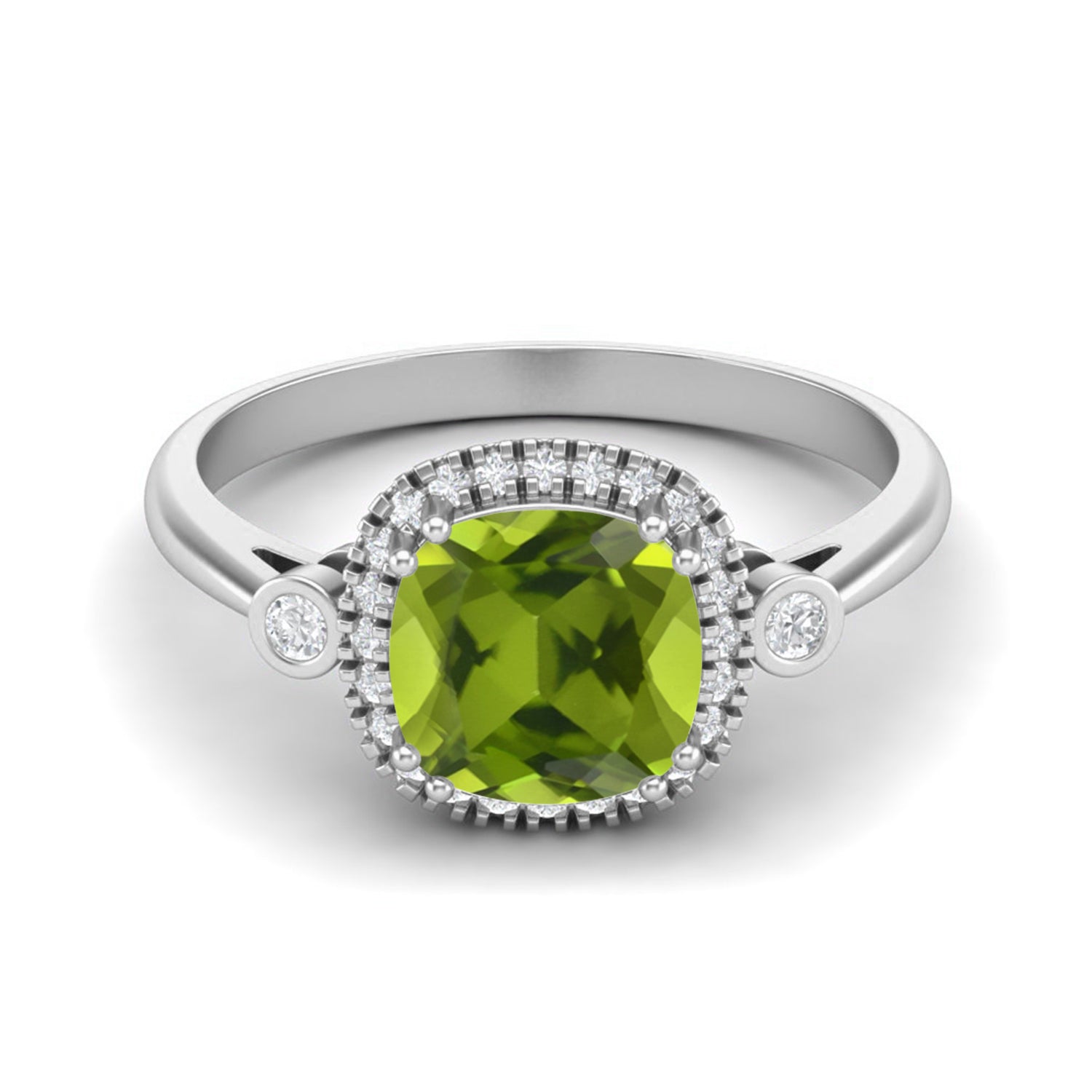 Peridot Bezel Accent Design Halo Ring – Sterling Silver