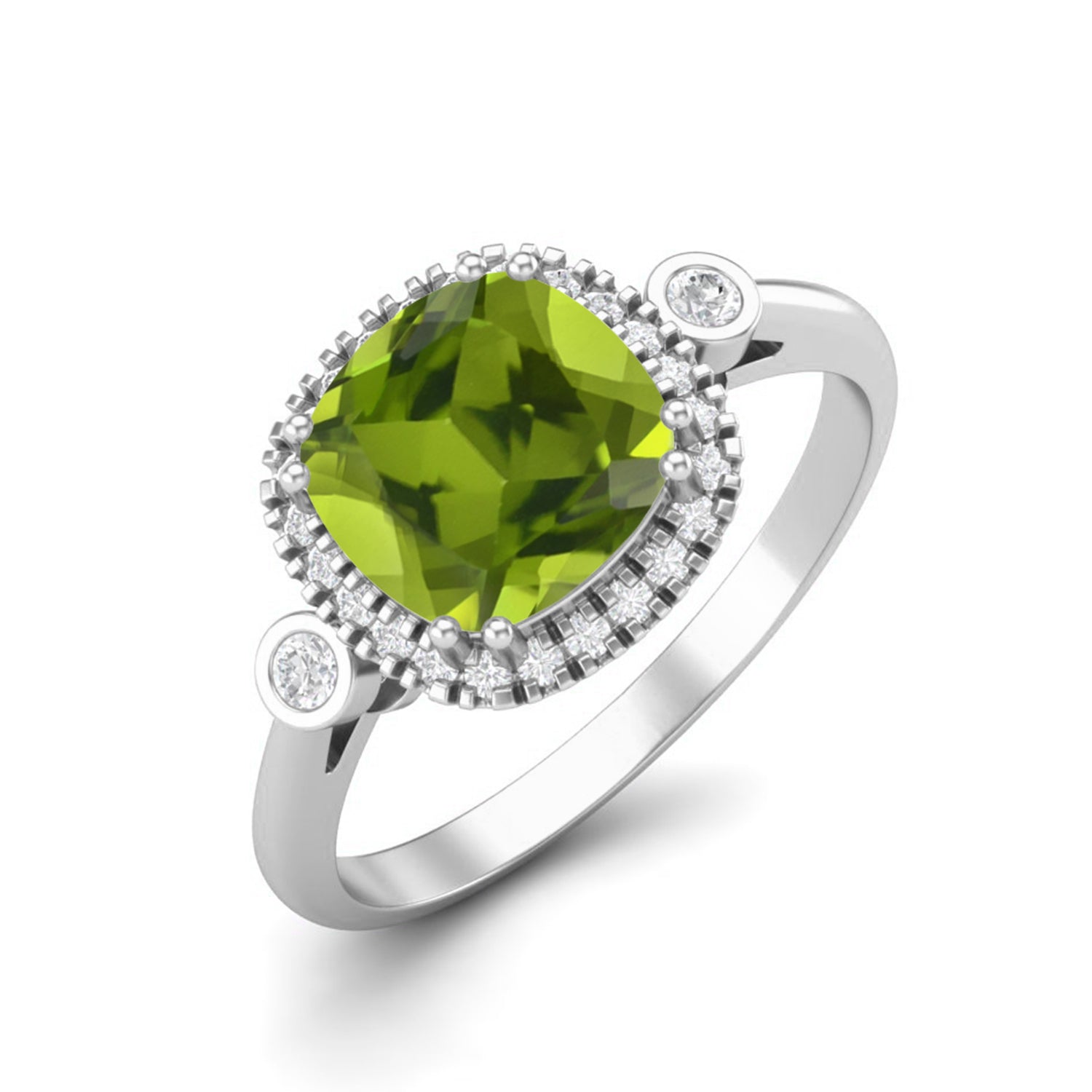 Peridot Bezel Accent Design Halo Ring – Sterling Silver
