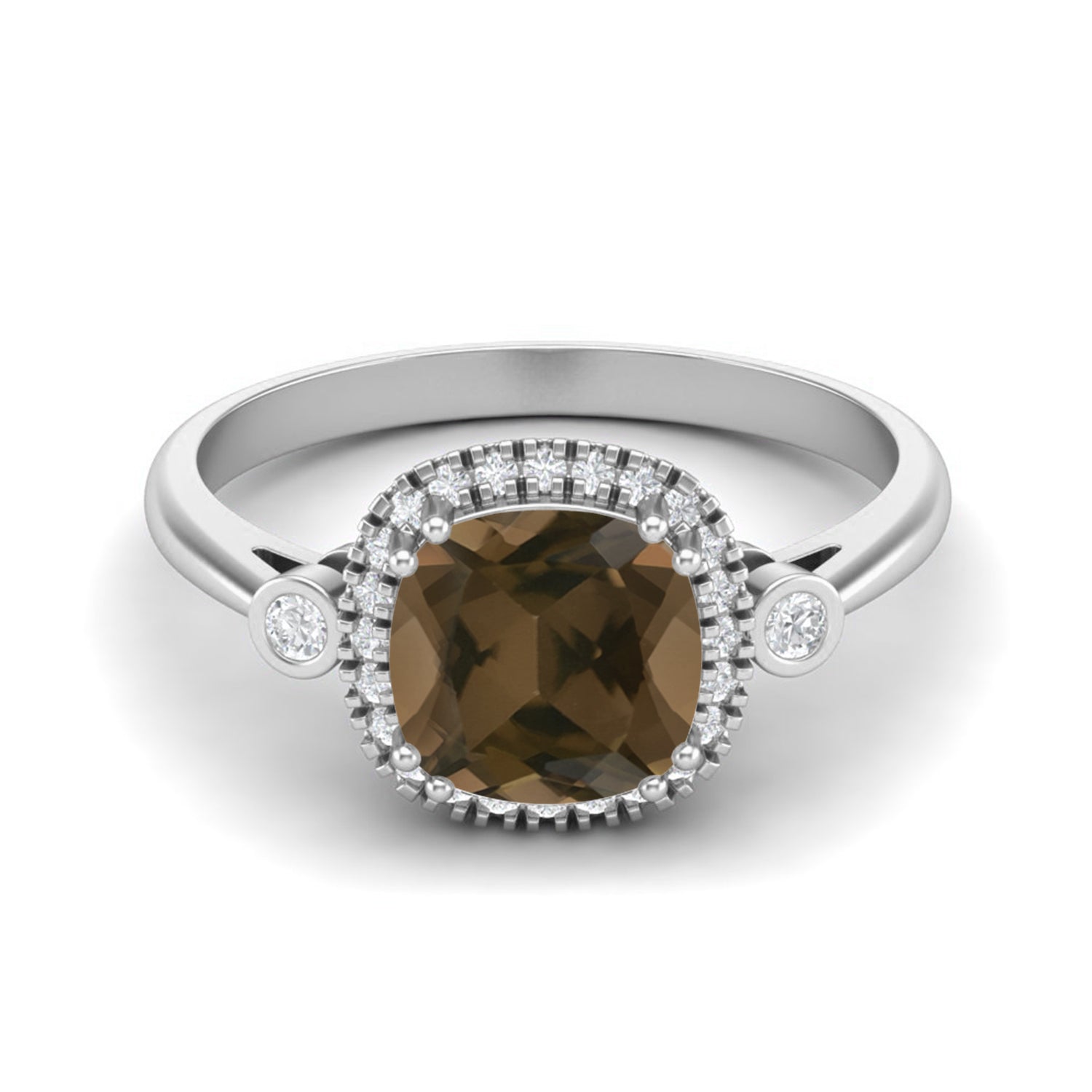 Smoky Quartz 2.05 Ct Cushion Shape Double Accent Halo Ring – 14K Yellow Gold
