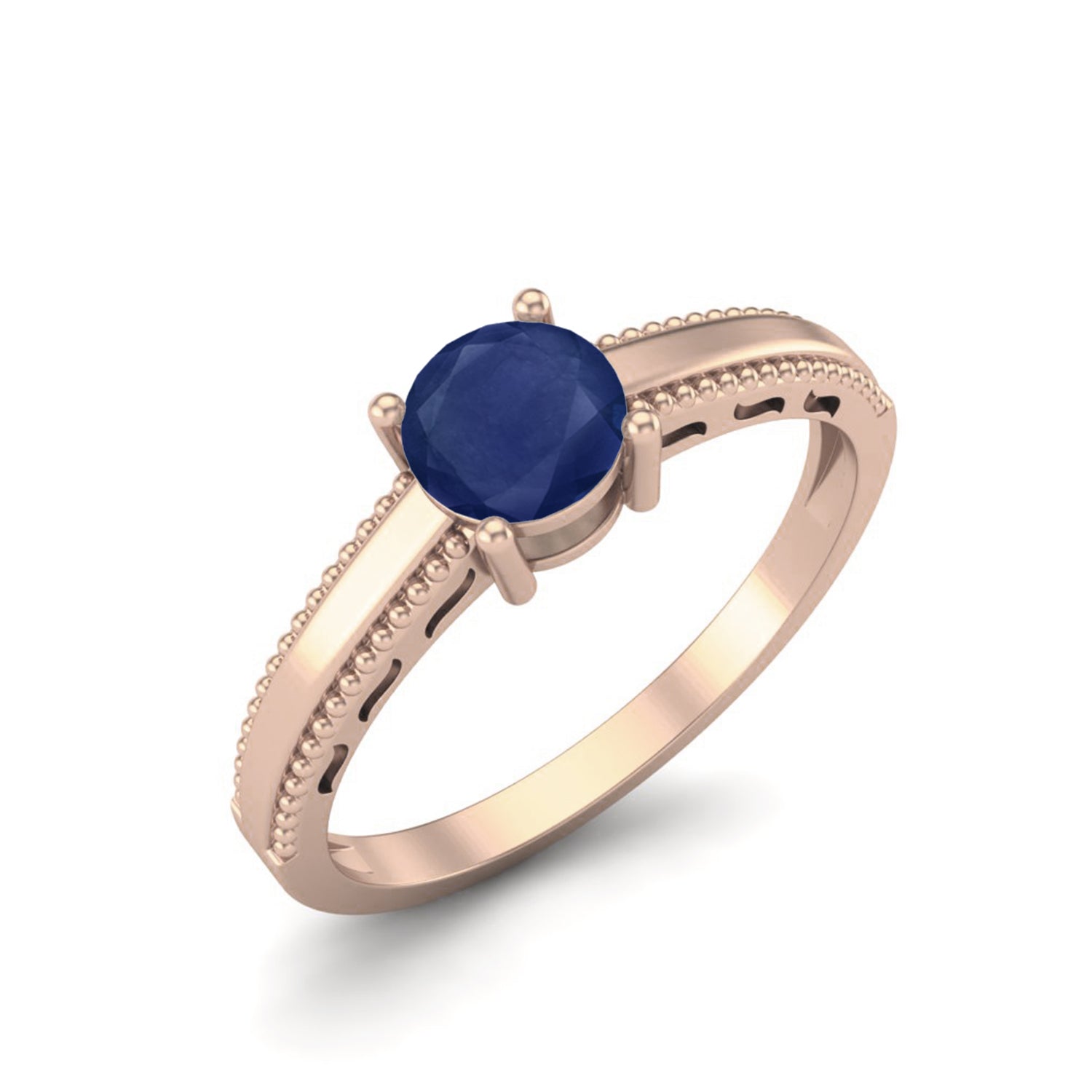 Blue Sapphire 0.50 Ct Round Solitaire Beaded Band Ring -14k Yellow Gold
