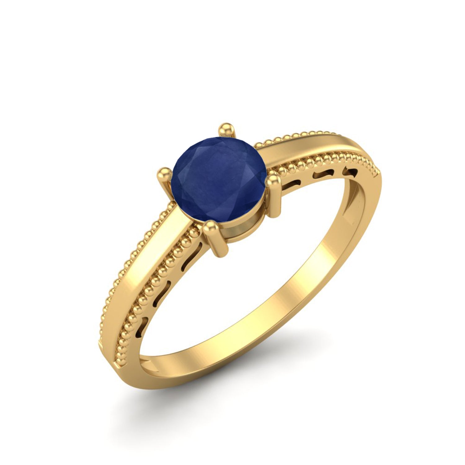 Blue Sapphire 0.50 Ct Round Solitaire Beaded Band Ring -14k Yellow Gold