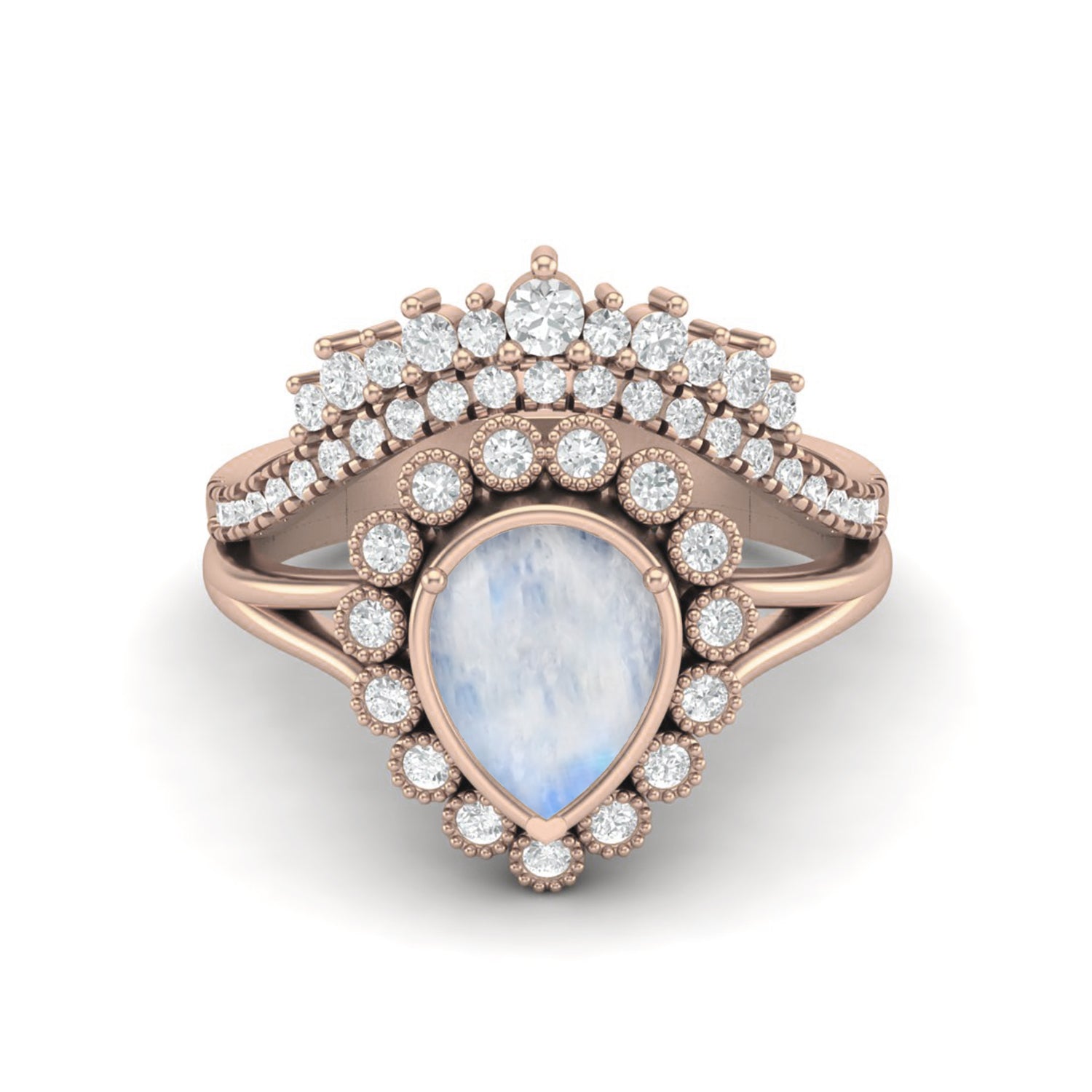 Anello da sposa con tiara solitaria in argento sterling 925 con pietra di luna a forma di pera, per donna
