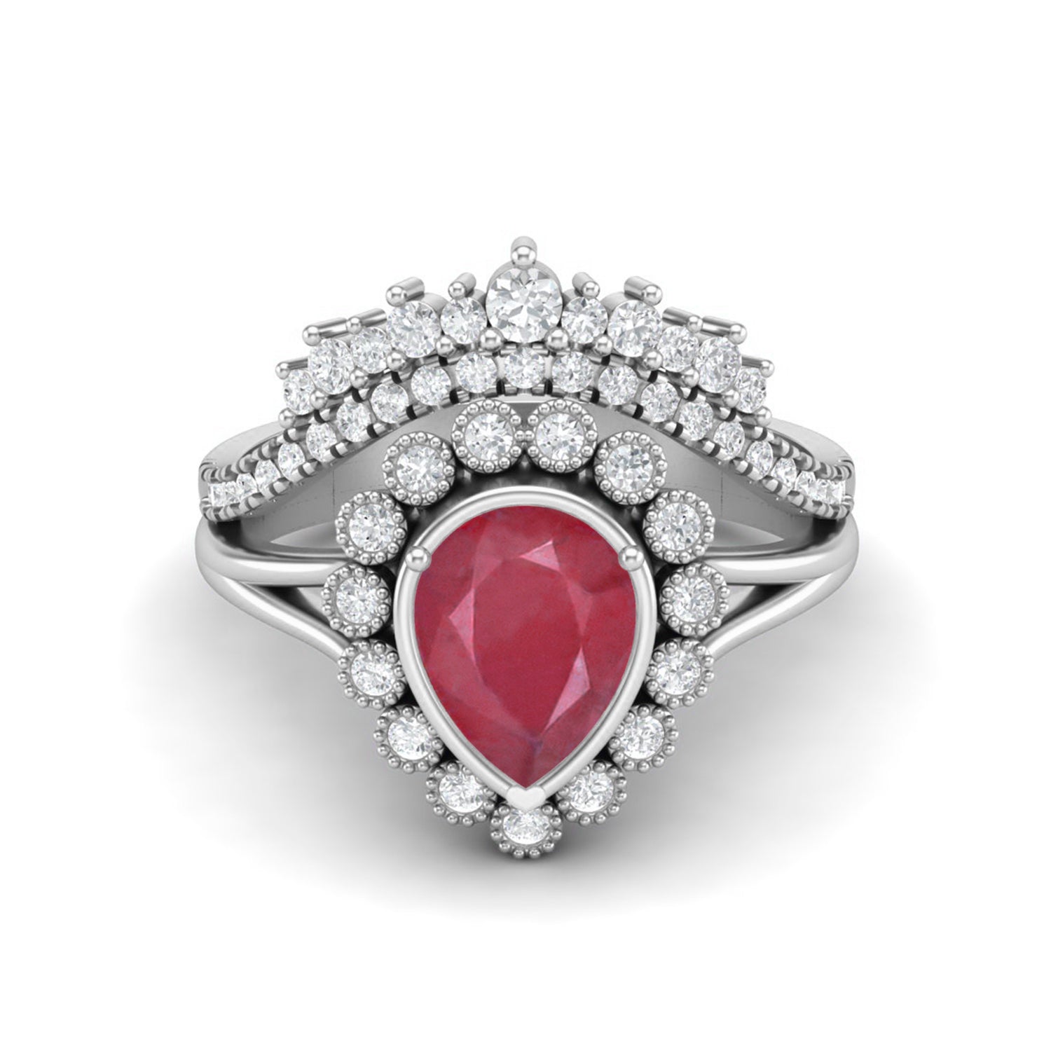 Ruby 1.00 Ct Pear Halo Crown Vintage Ring – 14k Yellow Gold
