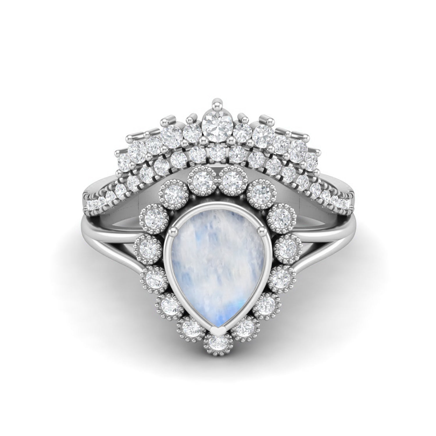 Anello da sposa con tiara solitaria in argento sterling 925 con pietra di luna a forma di pera, per donna