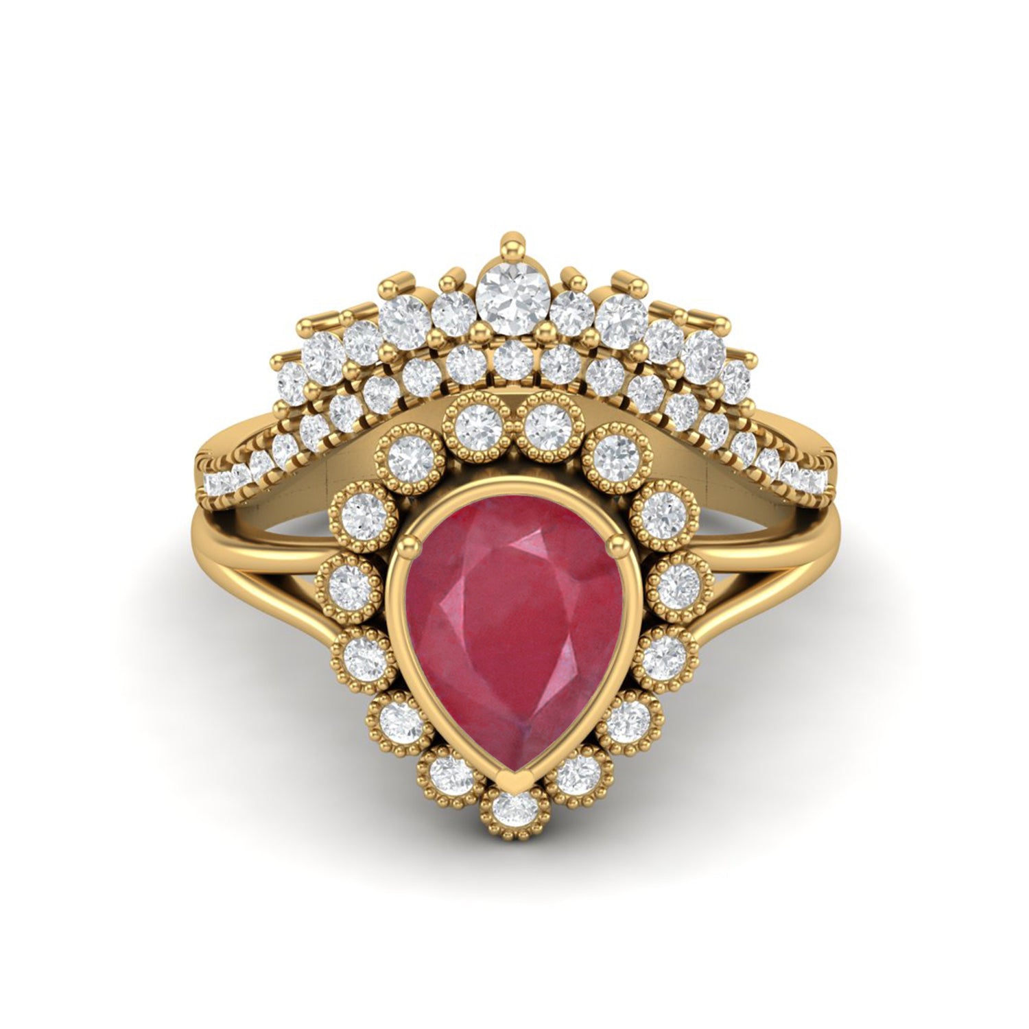 Ruby 1.00 Ct Pear Halo Crown Vintage Ring – 14k Yellow Gold