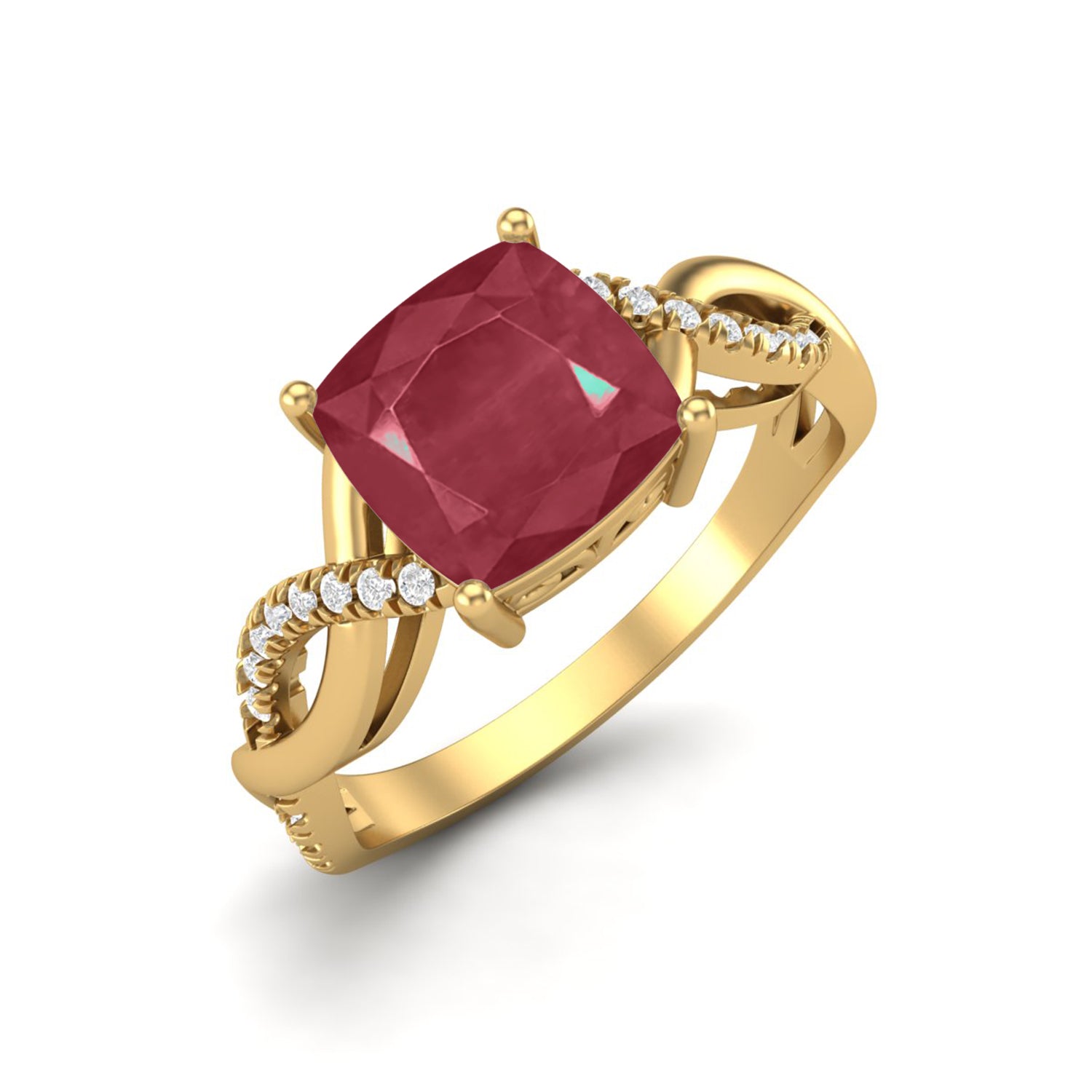 Ruby 2.05 Ct Cushion Twisted Infinity Band Ring – 14k Yellow Gold