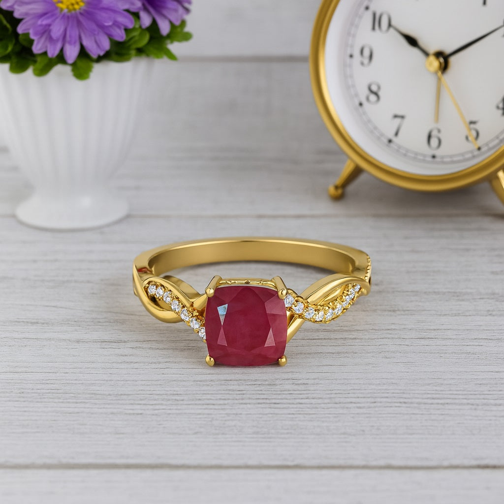 Ruby 2.05 Ct Cushion Twisted Infinity Band Ring – 14k Yellow Gold