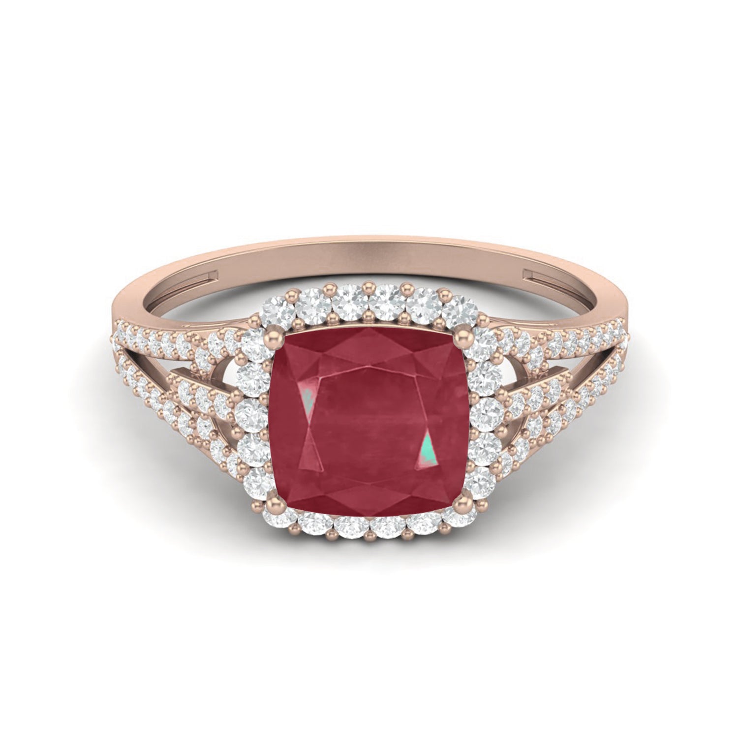 Ruby 2.90 Ct Cushion Double Halo Split Band Ring – 14k Yellow Gold