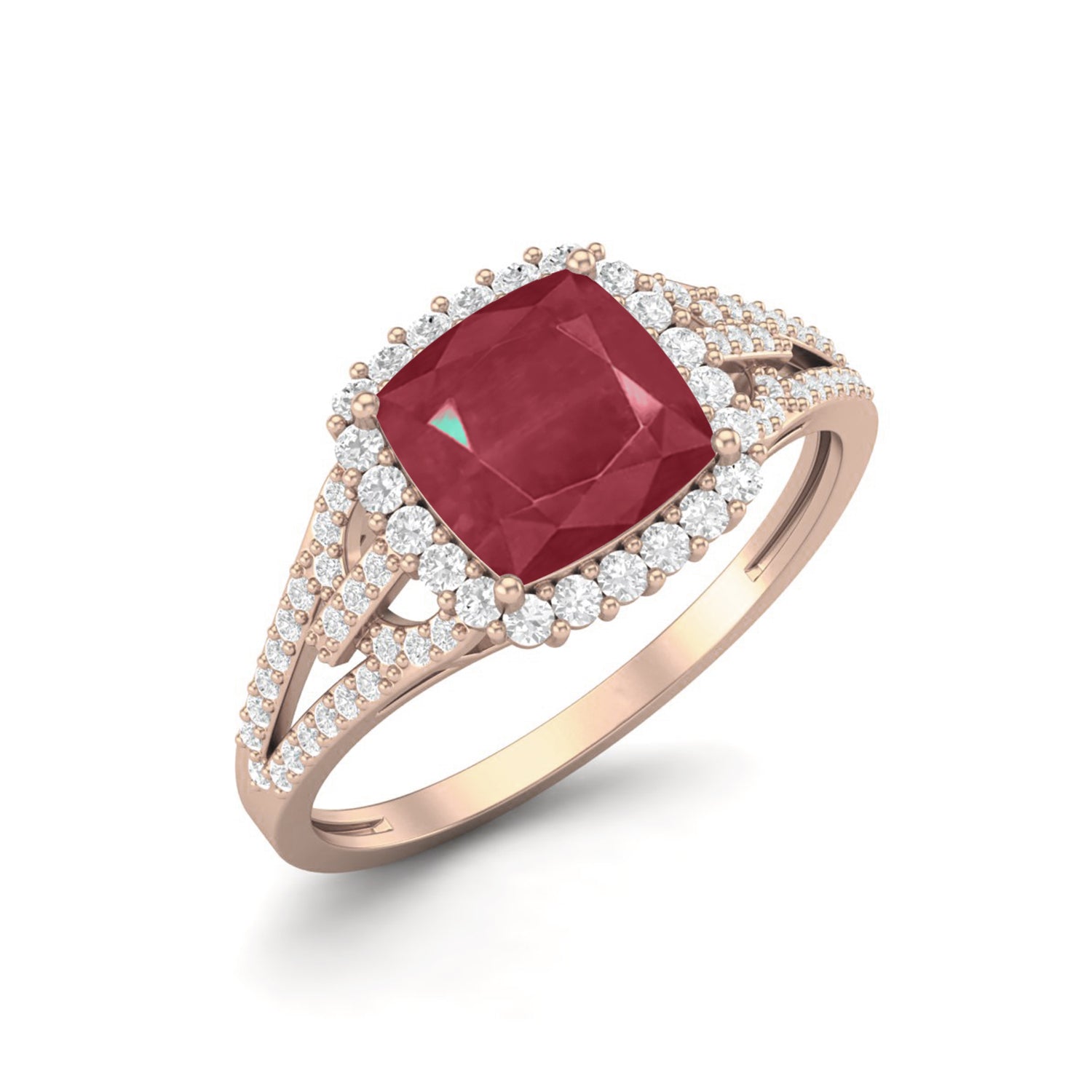 Ruby 2.90 Ct Cushion Double Halo Split Band Ring – 14k Yellow Gold
