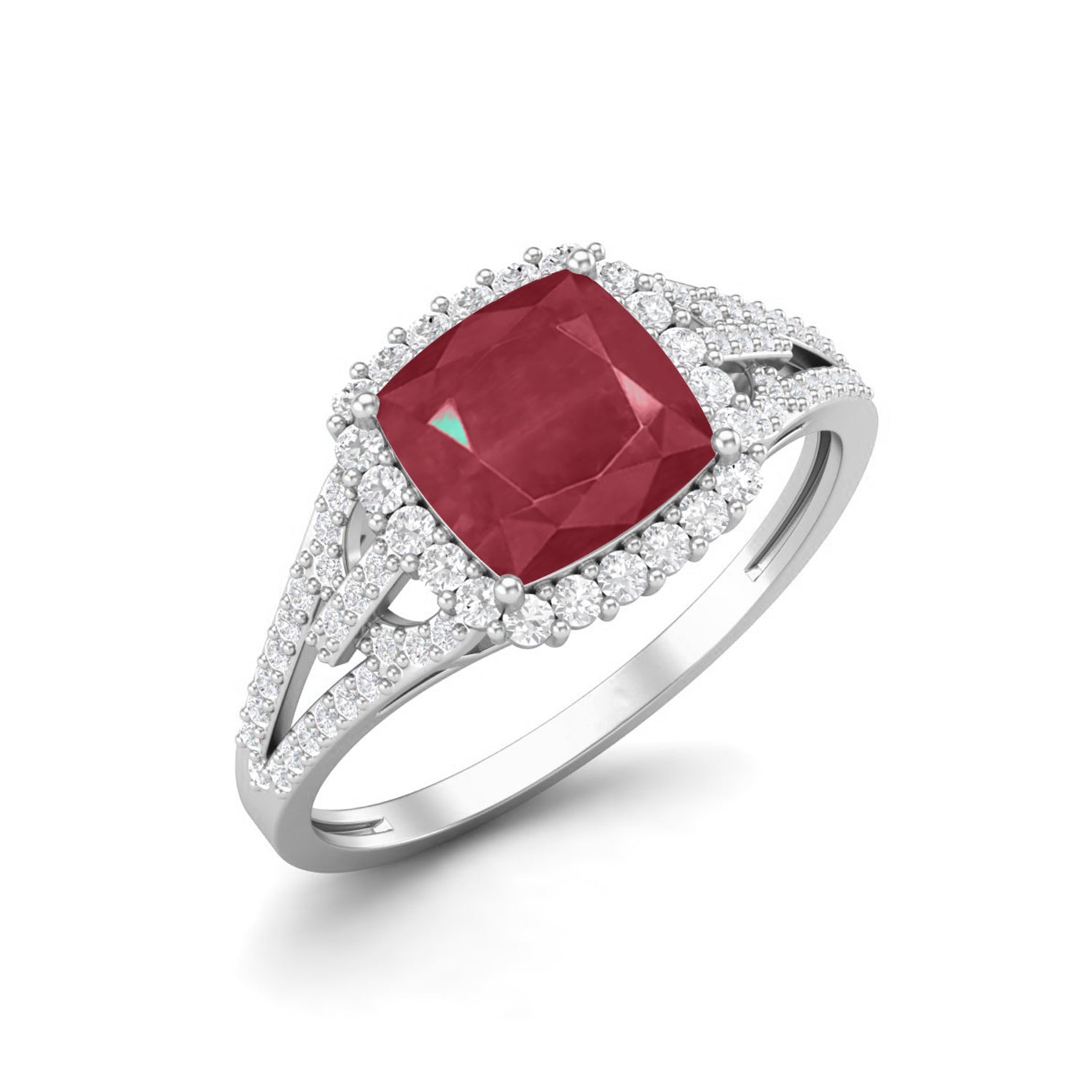 Ruby 2.90 Ct Cushion Double Halo Split Band Ring – 14k Yellow Gold