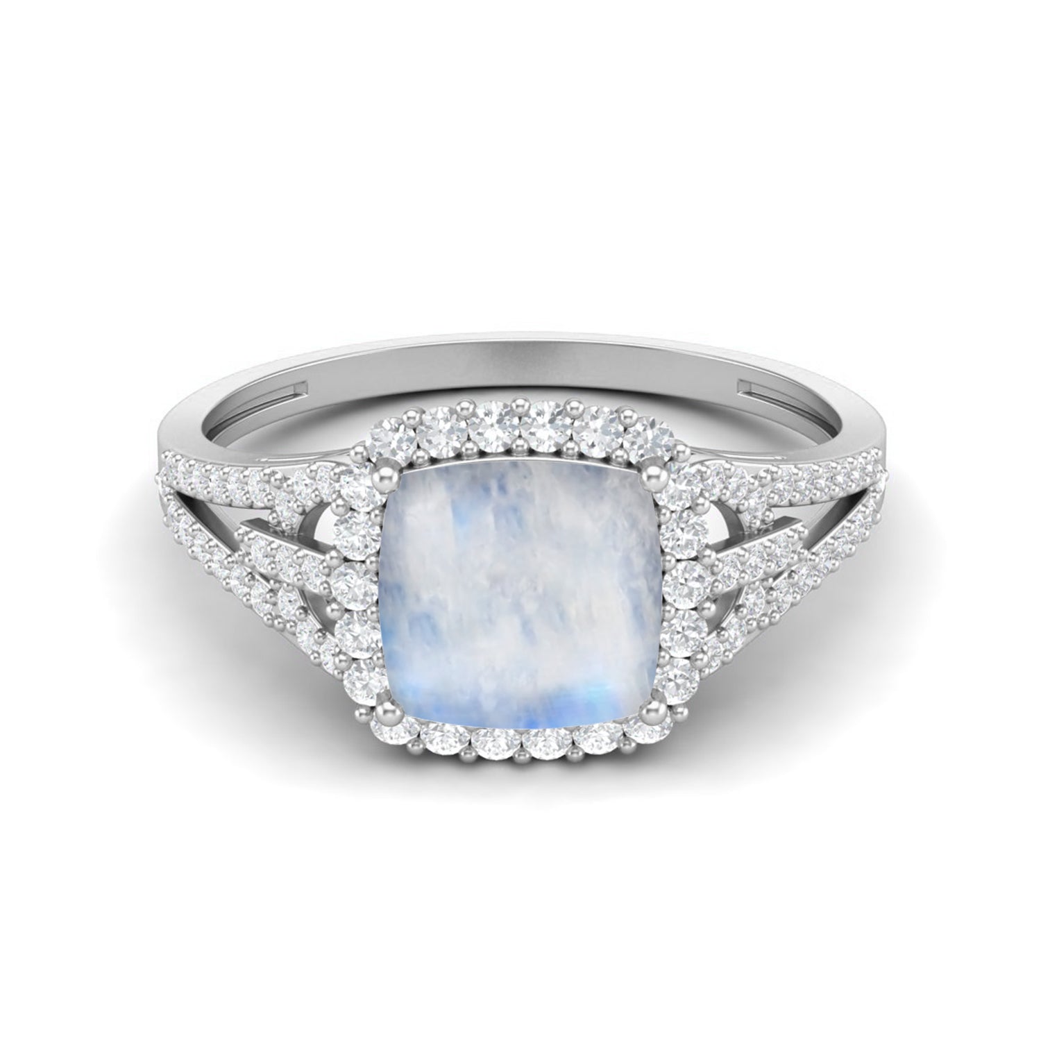 Anello di nozze delicato in argento sterling 925 con pietra di luna a forma di cuscino, solitario con trio di accenti