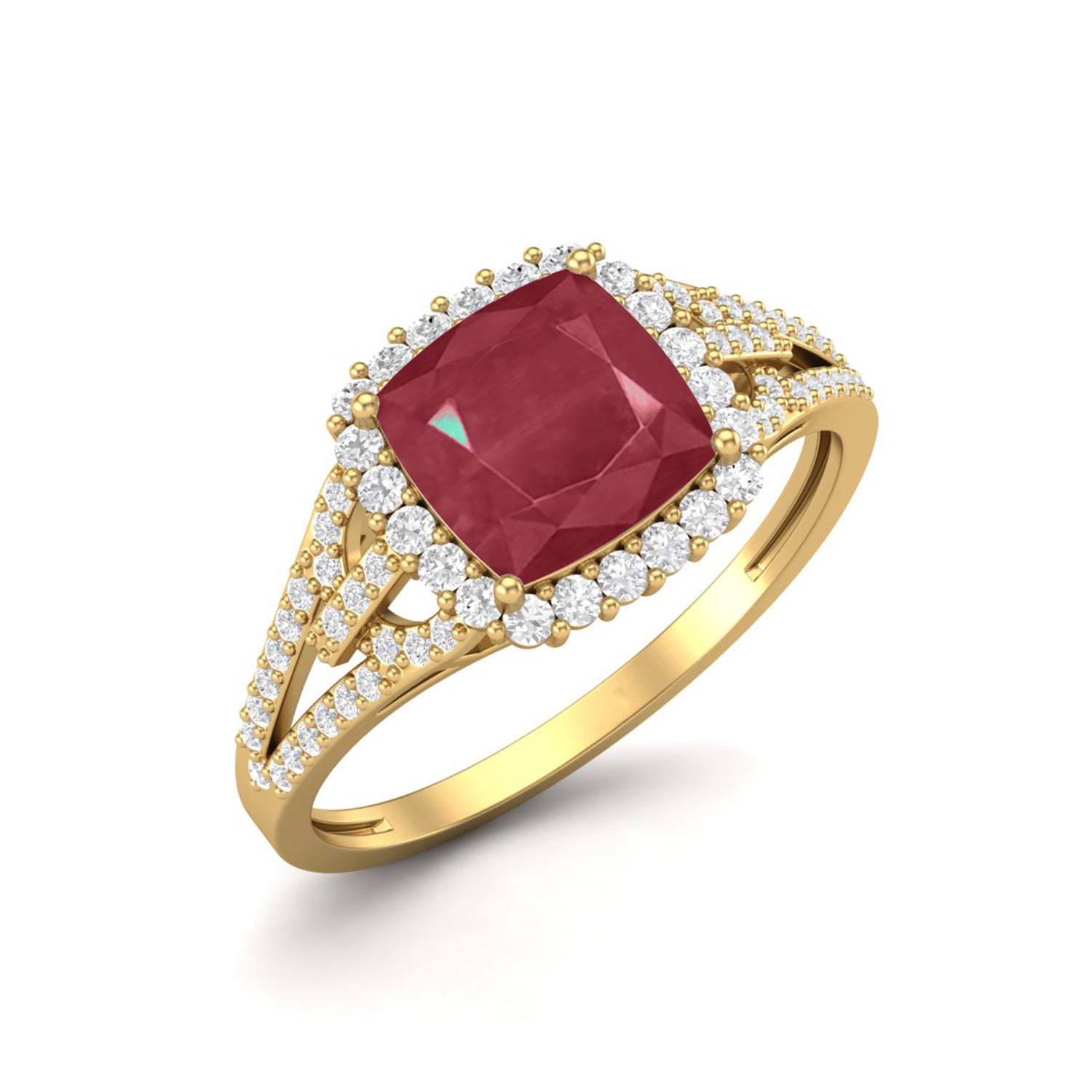 Ruby 2.90 Ct Cushion Double Halo Split Band Ring – 14k Yellow Gold