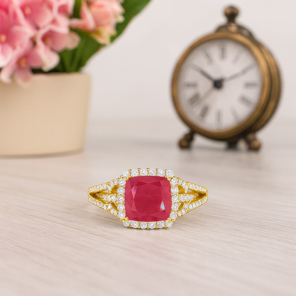 Ruby 2.90 Ct Cushion Double Halo Split Band Ring – 14k Yellow Gold