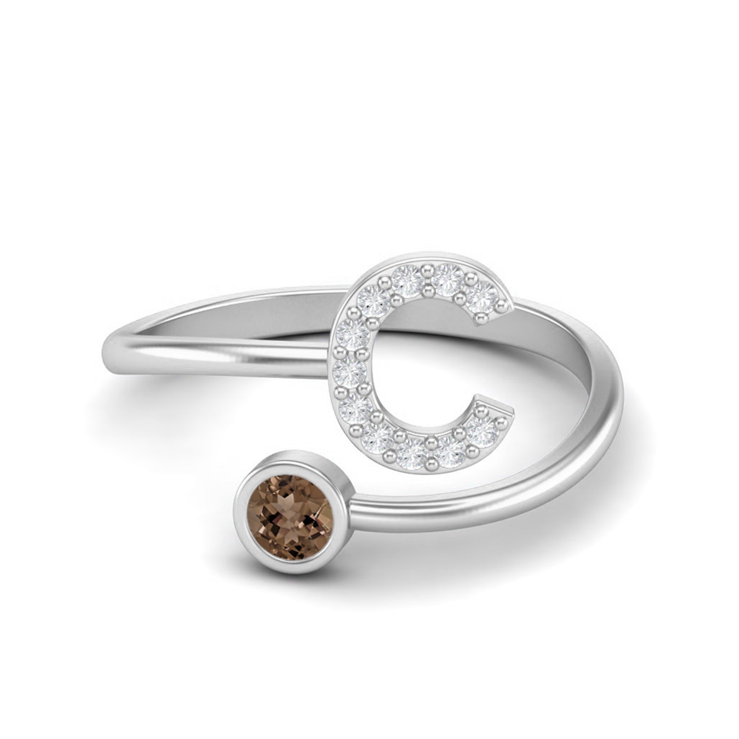 Smoky Quartz 0.10 Ct Round Letter C Initial Ring – 14K Yellow Gold