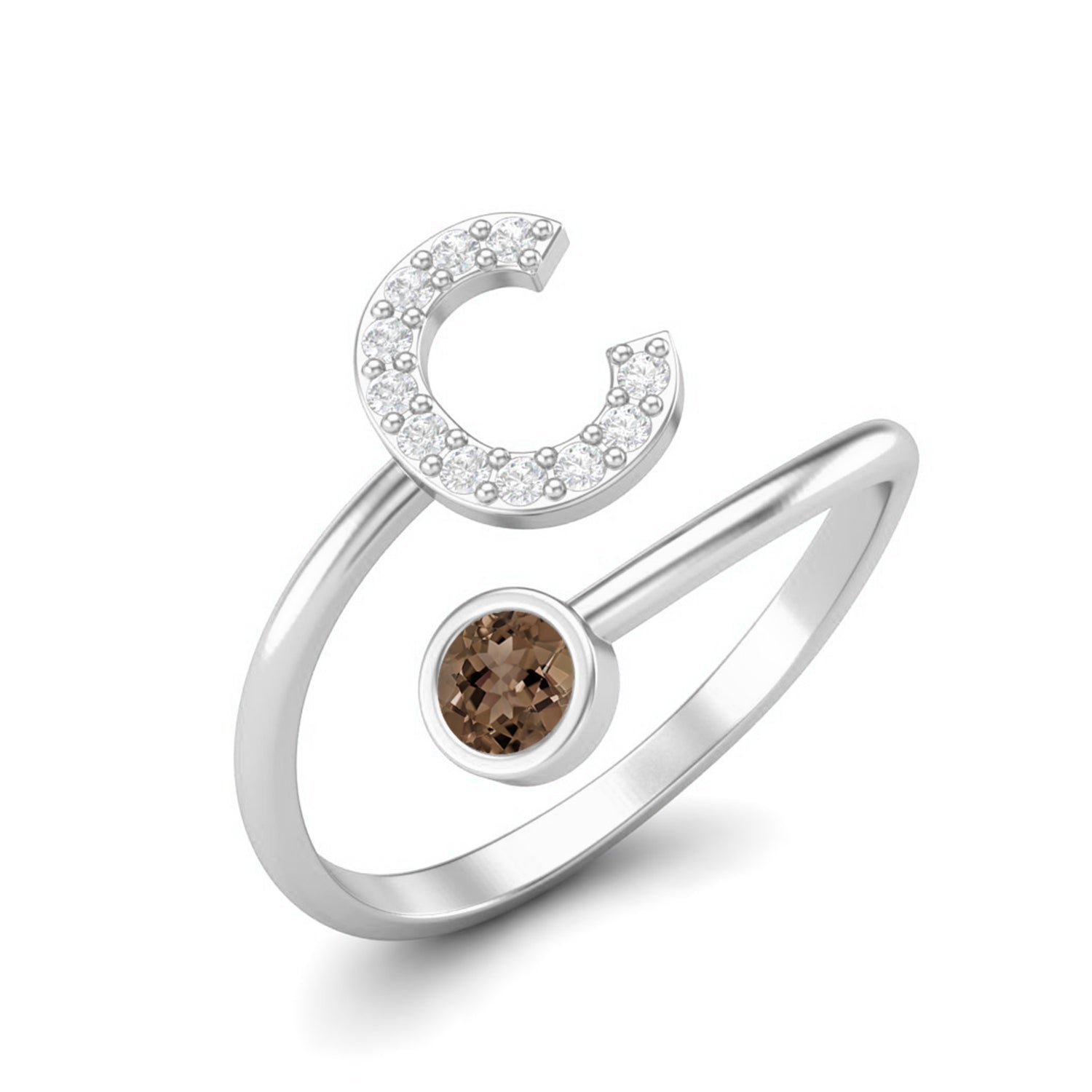 Smoky Quartz 0.10 Ct Round Letter C Initial Ring – 14K Yellow Gold