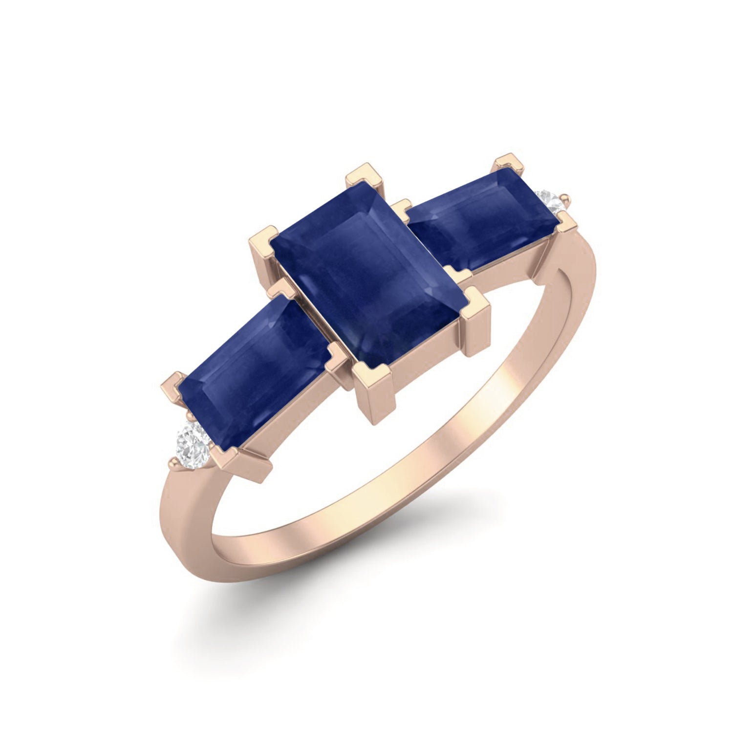 6X4MM Octagon Shape Blue Sapphire Gemstone 925 Sterling Silver Three Stone Wedding Ring