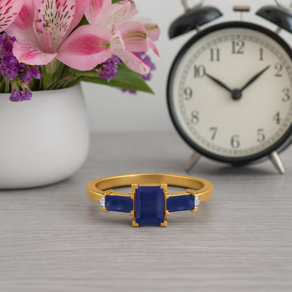 Blue Sapphire 0.50 Ct Octagon Three-Stone Ring – 14k Yellow Gold