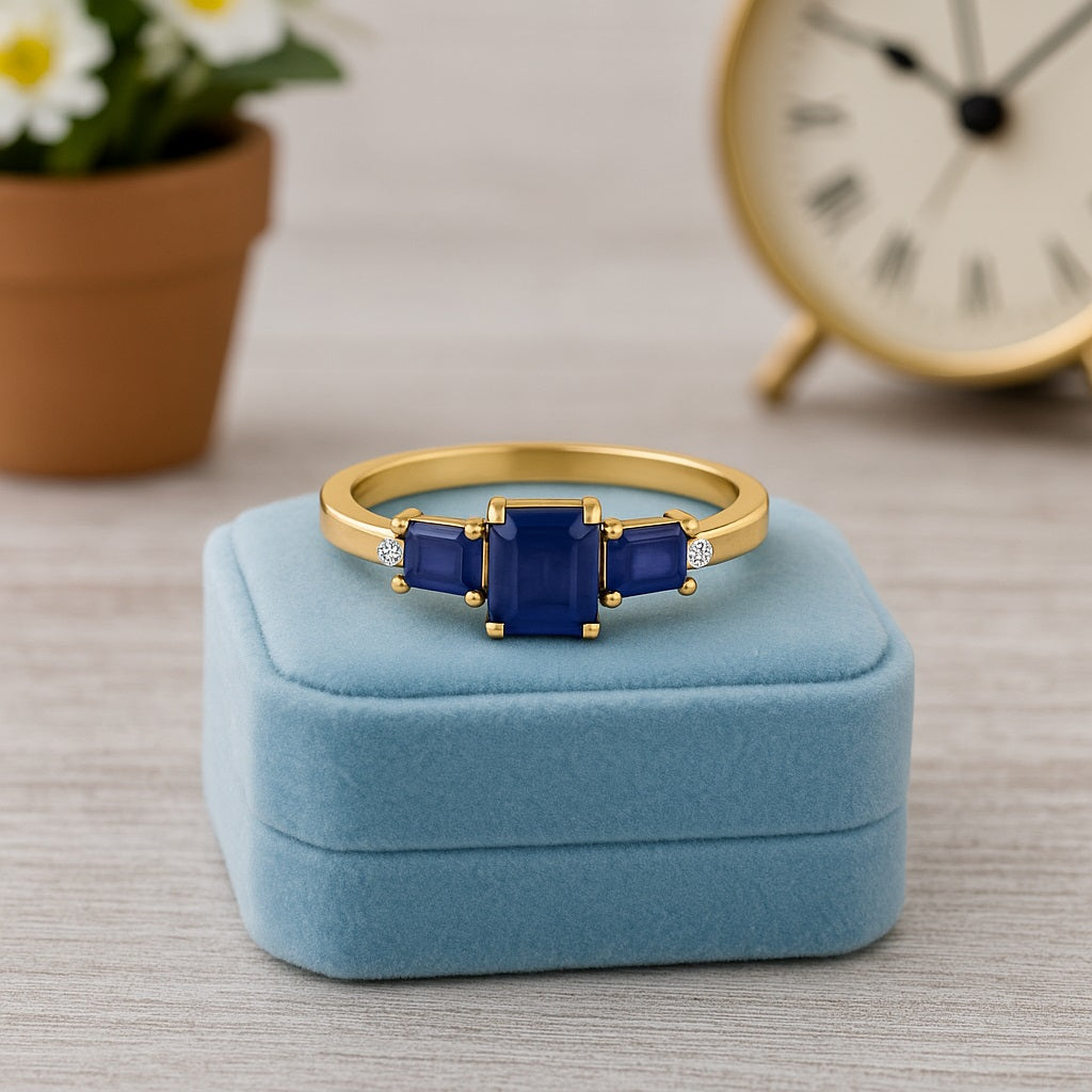 Blue Sapphire 0.50 Ct Octagon Three-Stone Ring – 14k Yellow Gold