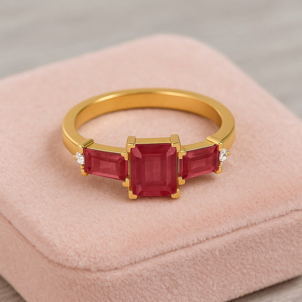Ruby 2.10 Ct Octagon Three Stone Ring – 14k Yellow Gold