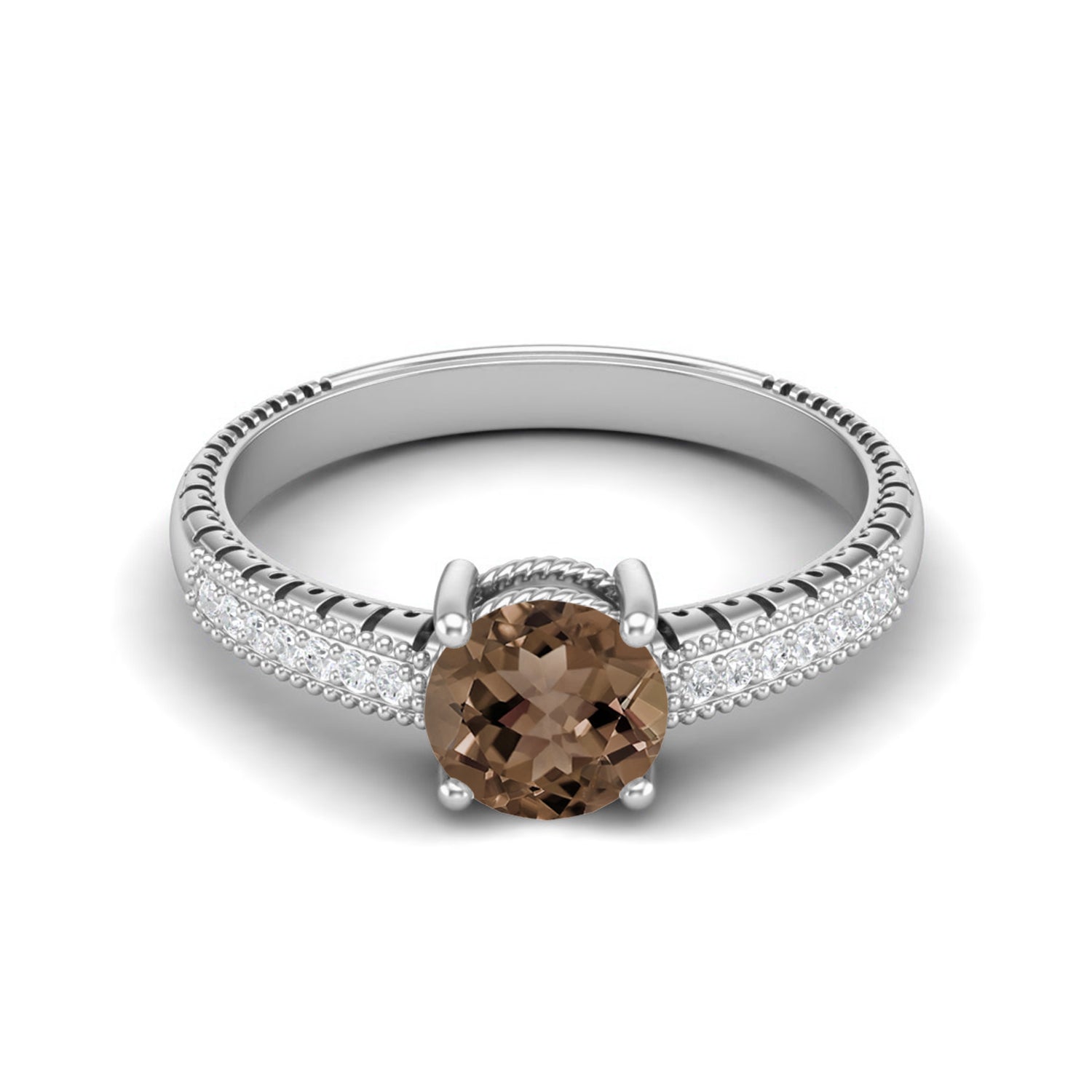 Smoky Quartz 0.75 Ct Round Vintage Milgrain Ring – 14K Yellow Gold