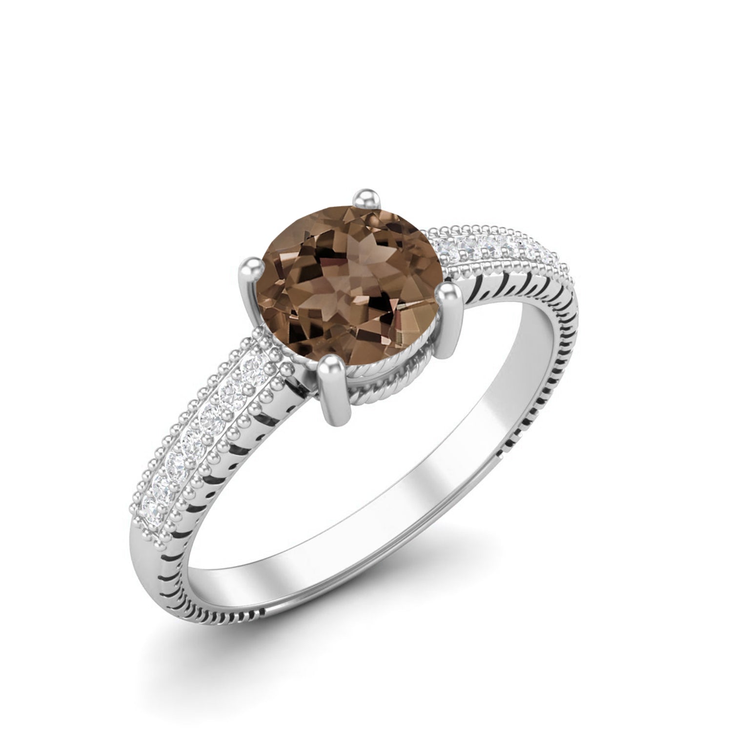 Smoky Quartz 0.75 Ct Round Vintage Milgrain Ring – 14K Yellow Gold