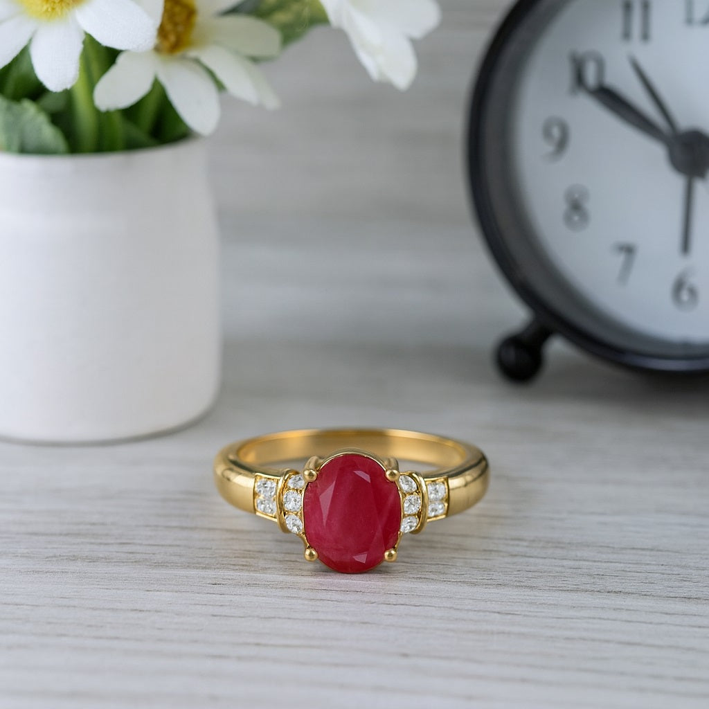 Ruby 1.50 Ct Oval Solitaire with Accents Ring – 14k Yellow Gold