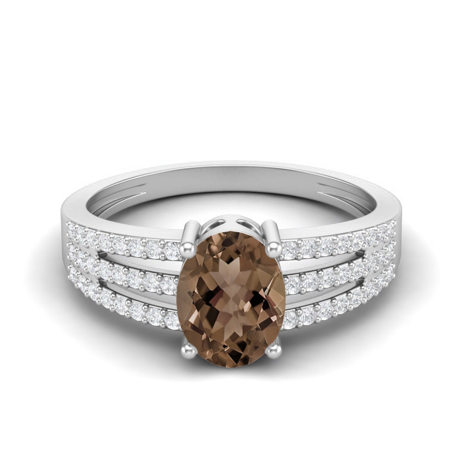 Smoky Quartz 1.50 Ct Oval Triple Row Accents Ring – 14K Yellow Gold
