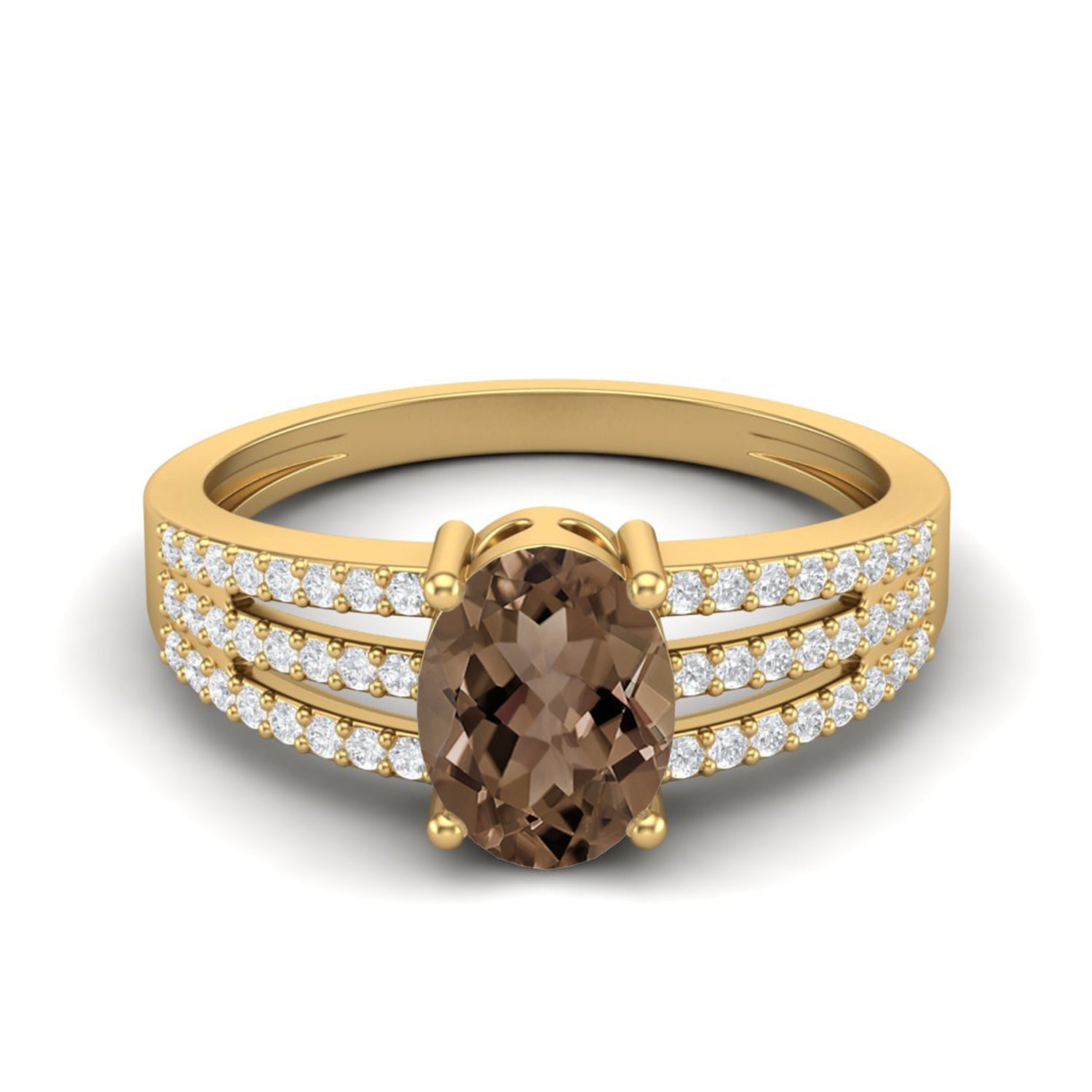 Smoky Quartz 1.50 Ct Oval Triple Row Accents Ring – 14K Yellow Gold