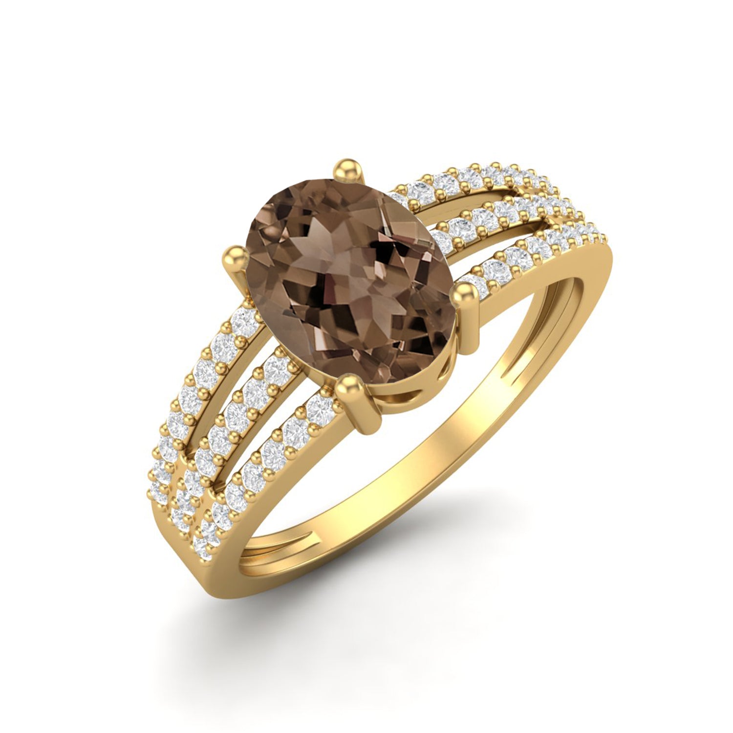 Smoky Quartz 1.50 Ct Oval Triple Row Accents Ring – 14K Yellow Gold