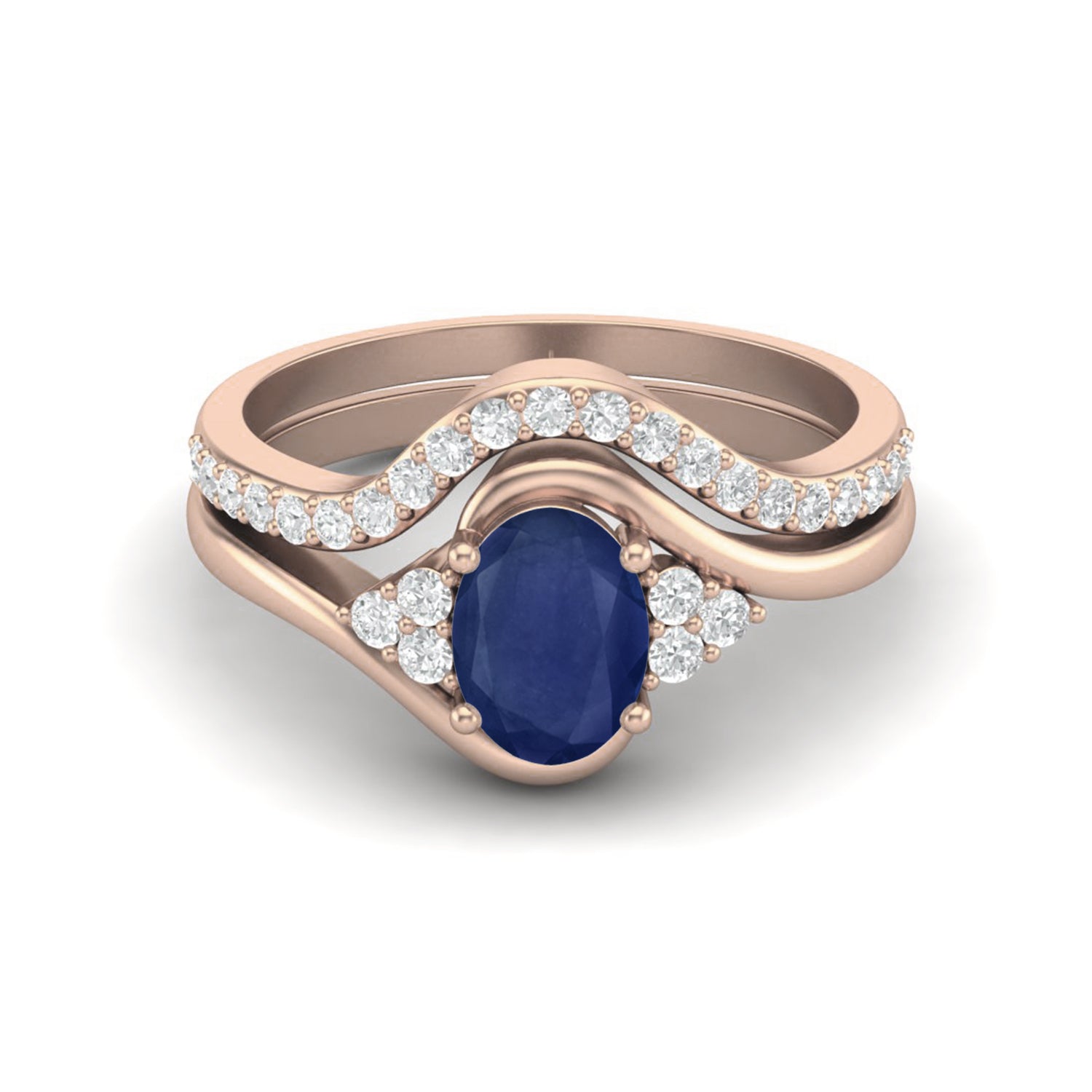Anello da sposa da donna in argento sterling 925 con doppia fascia e pietra preziosa di zaffiro blu naturale