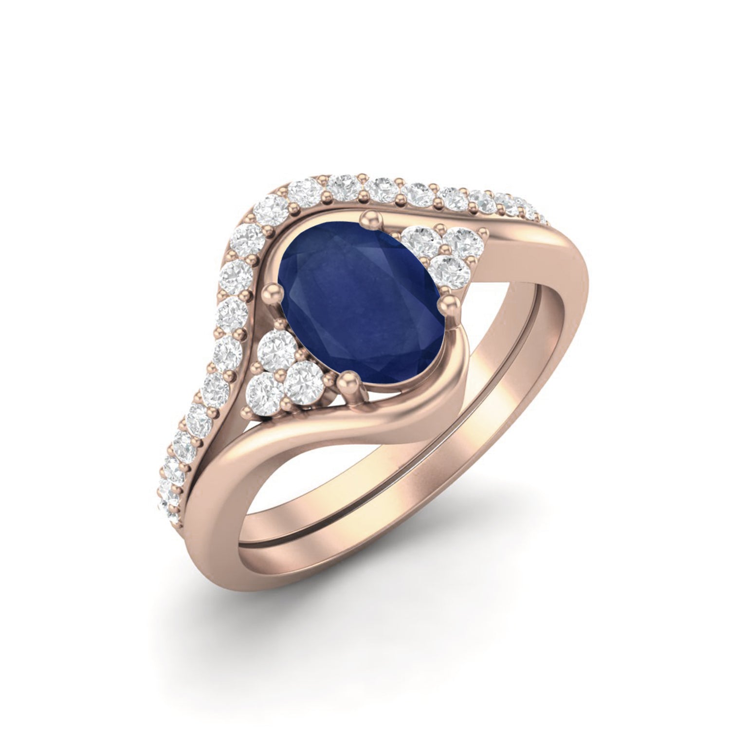 Anello da sposa da donna in argento sterling 925 con doppia fascia e pietra preziosa di zaffiro blu naturale
