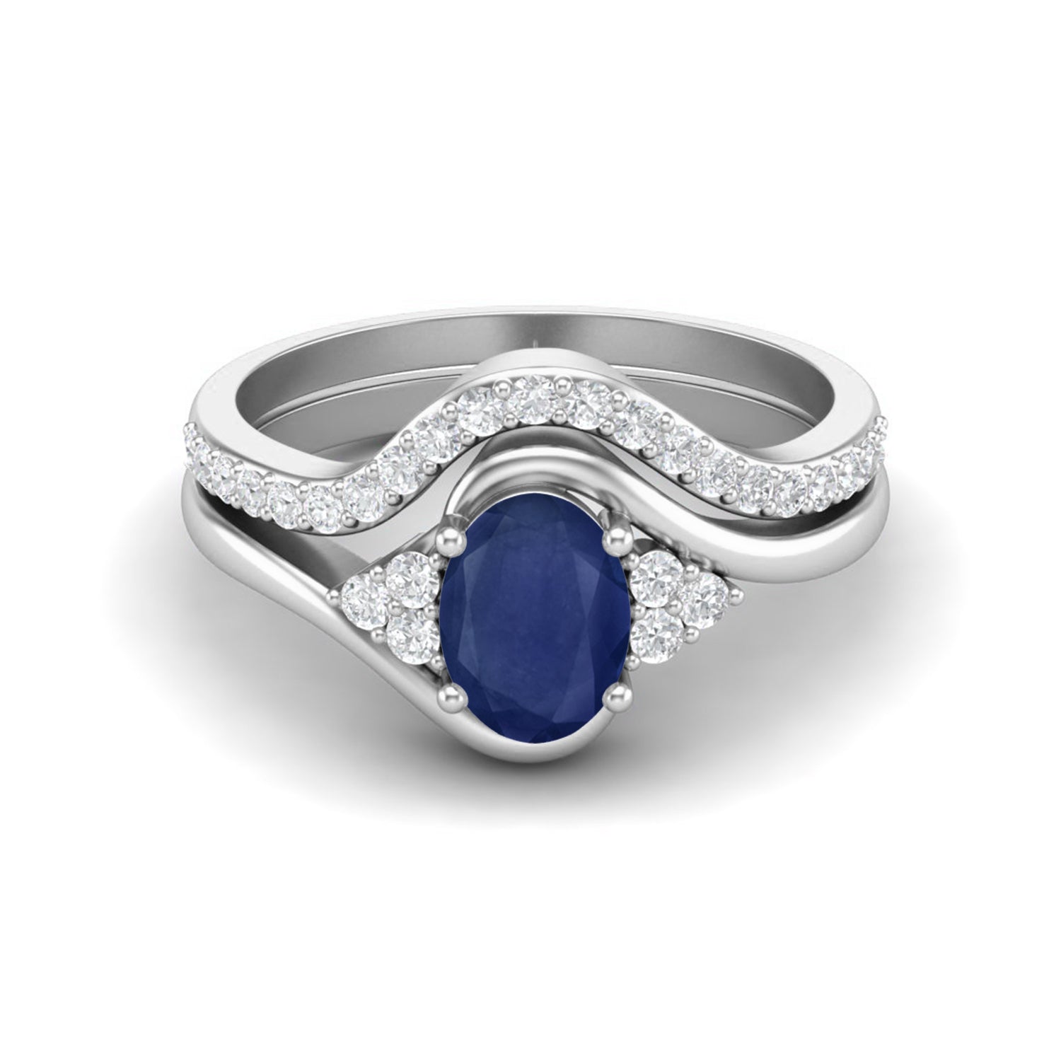 Blue Sapphire Curved Band Halo Ring Set – Sterling Silver