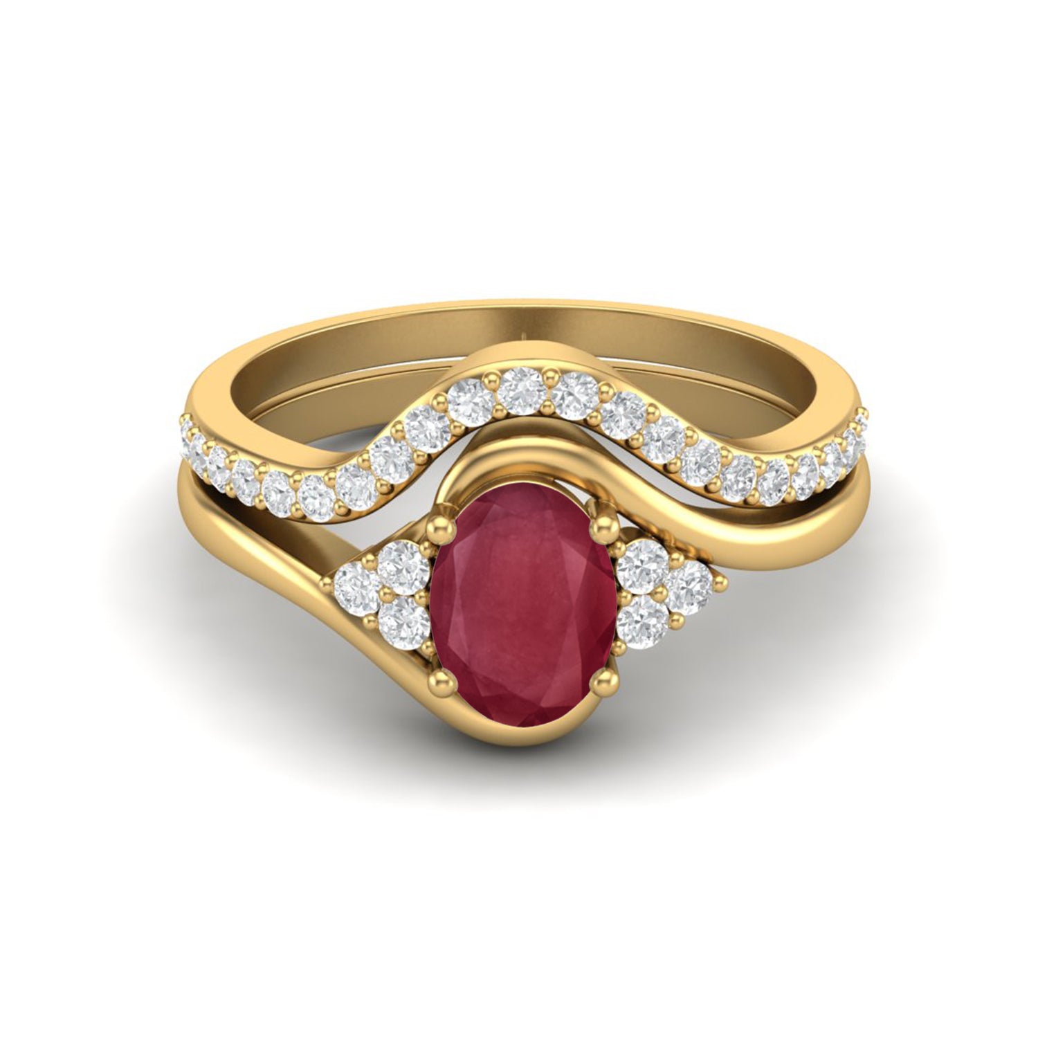 Ruby 1.00 Ct Oval Solitaire Accent Wave Band Ring – 14k Yellow Gold