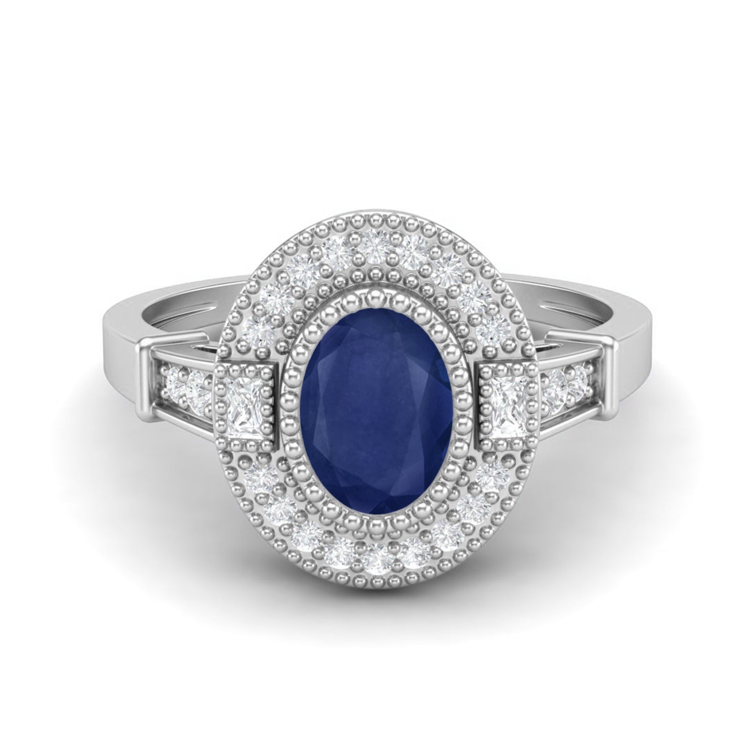 Blue Sapphire Double Halo Ring – Sterling Silver