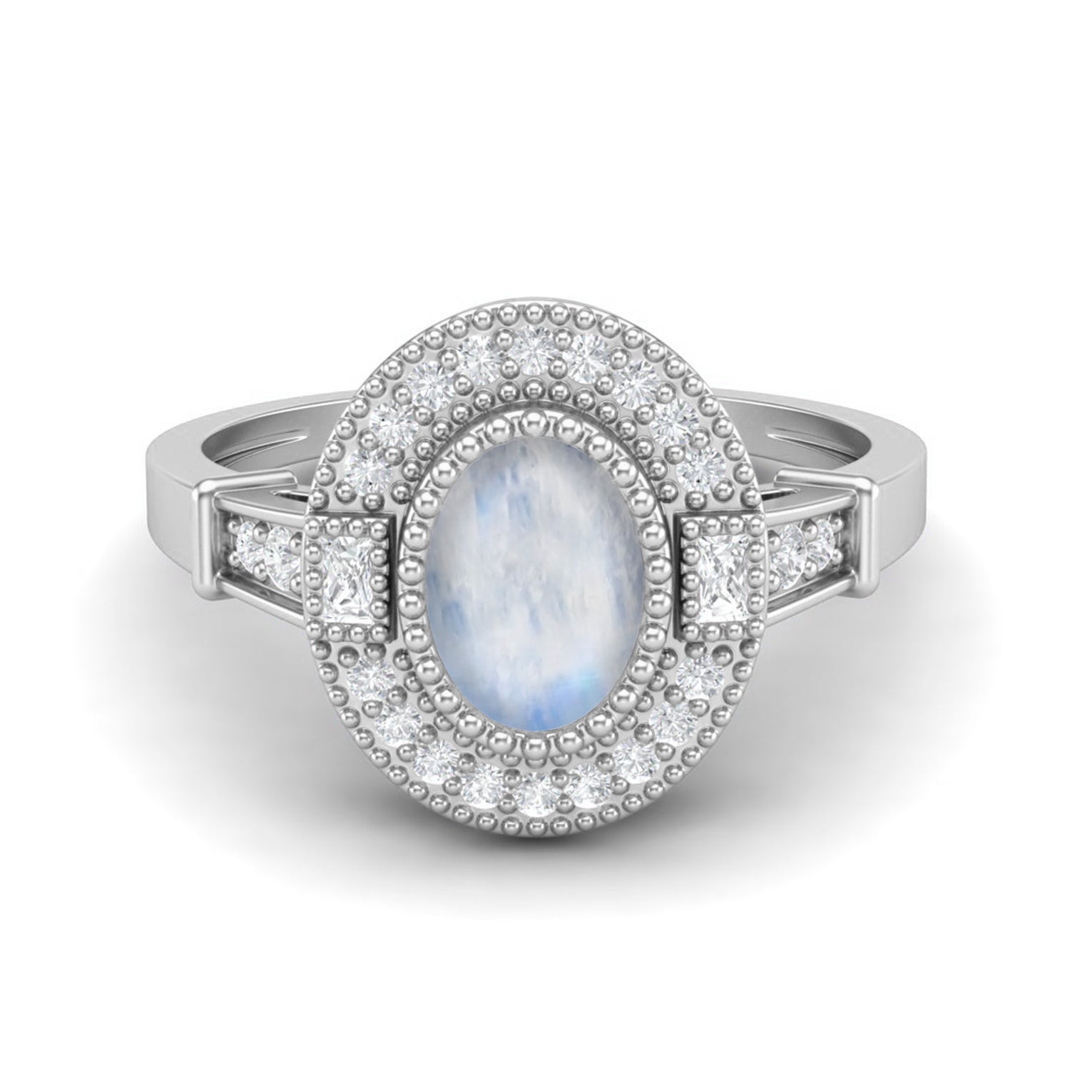Moonstone Double Halo Ring – Sterling Silver