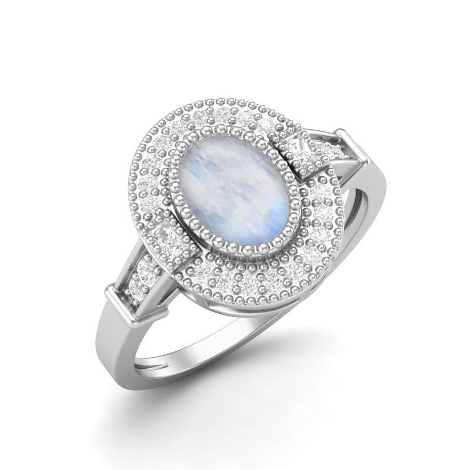 Moonstone Double Halo Ring – Sterling Silver
