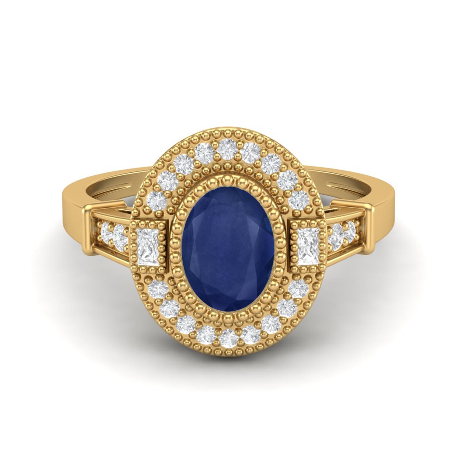 Blue Sapphire 1.00 Ct Oval Double Halo Ring – 14k Yellow Gold