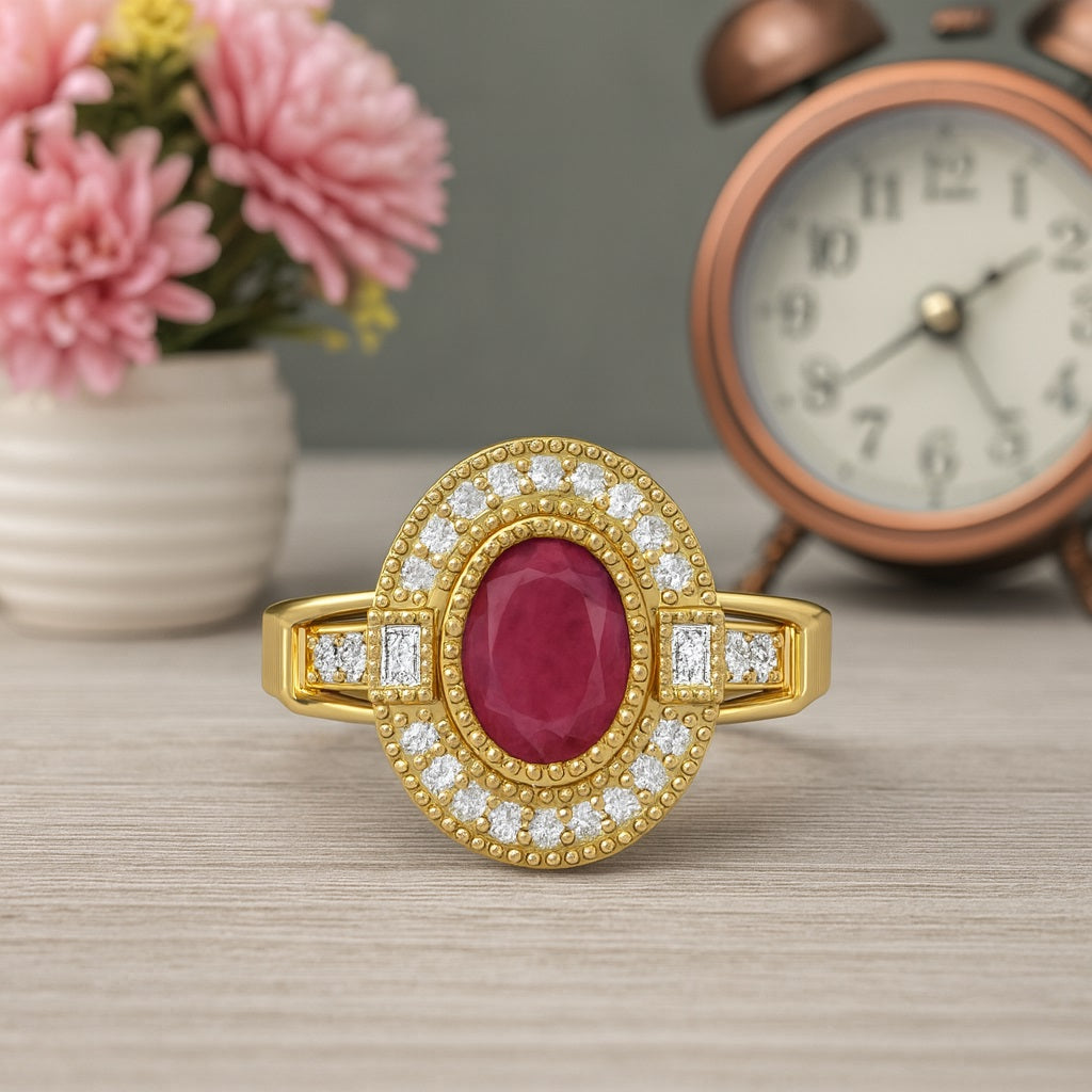 Ruby 1.00 Ct Oval Vintage Halo Ring – 14k Yellow Gold