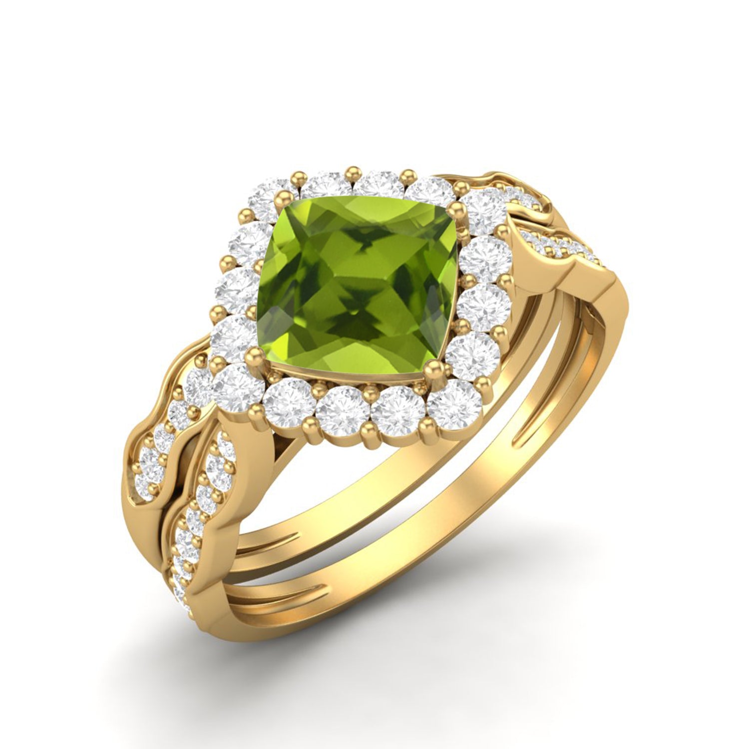 Peridot Halo and Matching Bridal Ring Set – Sterling Silver