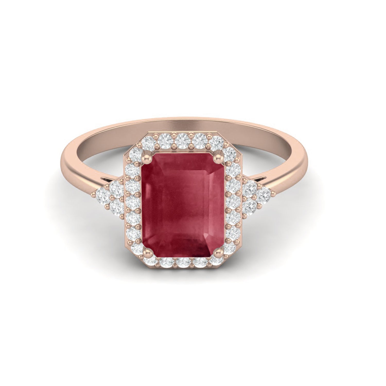 Ruby 1.00 Ct Octagon Solitaire Halo Ring – 14k Yellow Gold