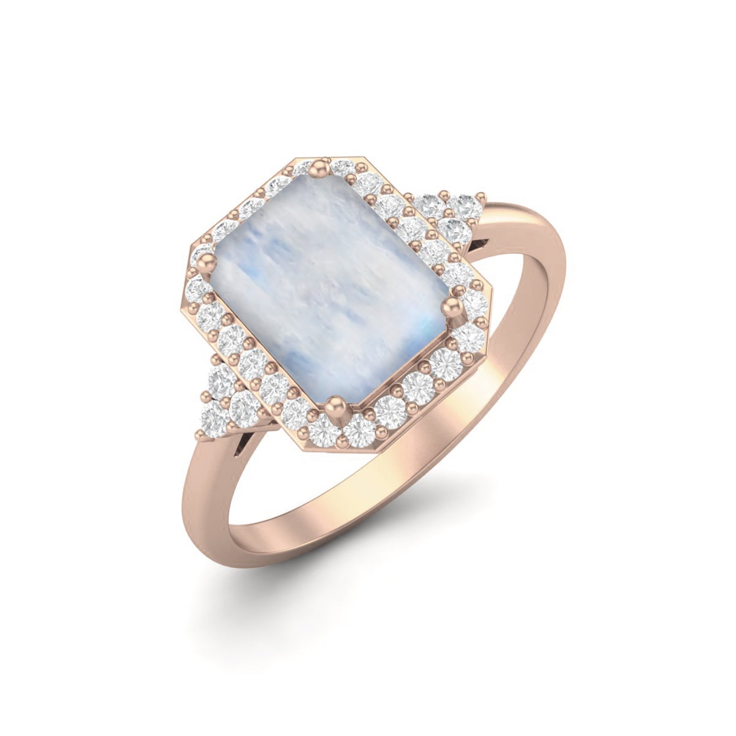 Anello nuziale in argento sterling 925 con pietra di luna solitaria e anello nuziale a forma di alone ottagonale