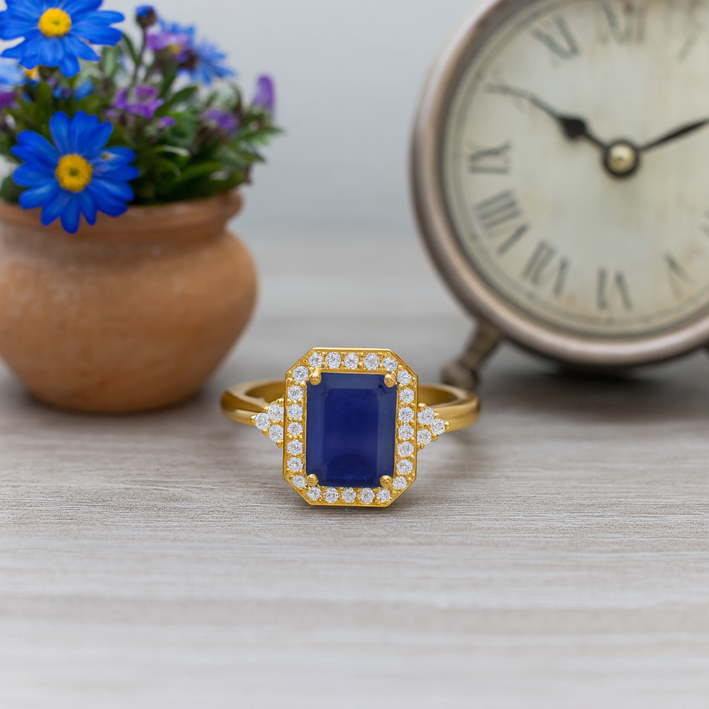 Blue Sapphire 1.00 Ct Octagon Solitaire Halo Ring - 14k Yellow Gold