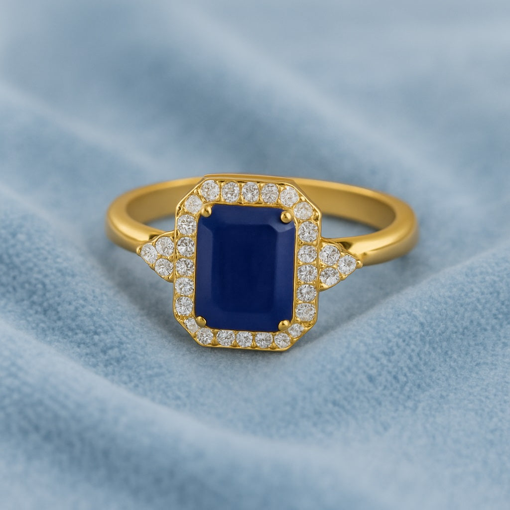 Blue Sapphire Octagon Classic Halo Ring – Sterling Silver