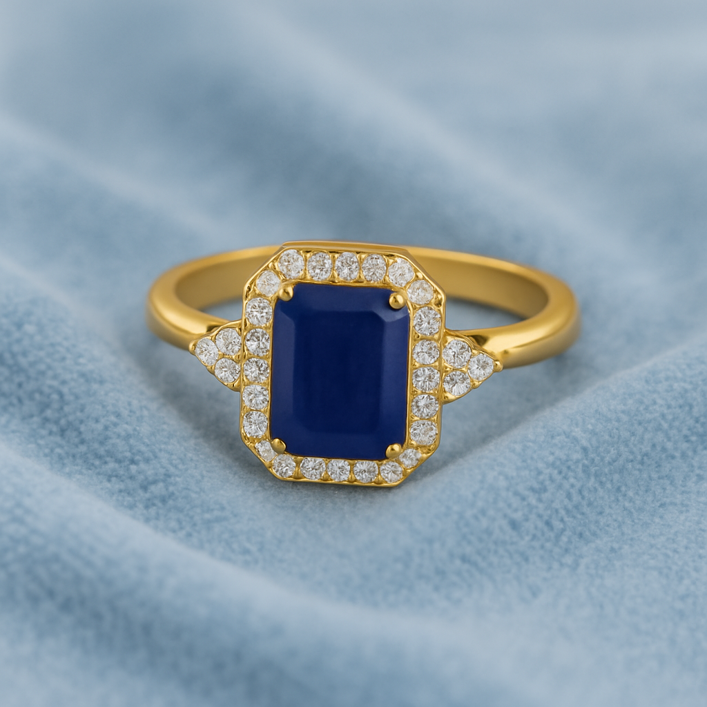 Blue Sapphire 1.00 Ct Octagon Solitaire Halo Ring - 14k Yellow Gold