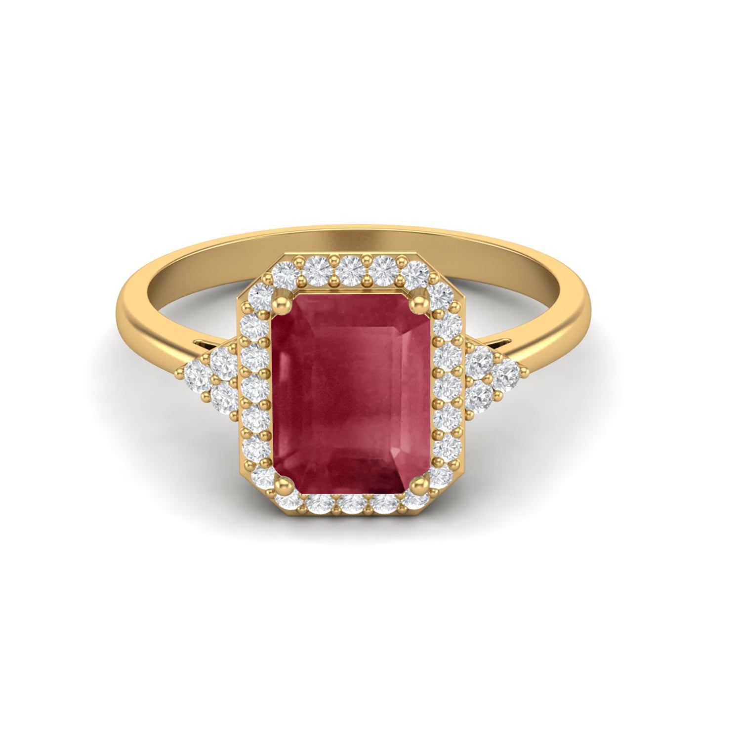 Ruby 1.00 Ct Octagon Solitaire Halo Ring – 14k Yellow Gold