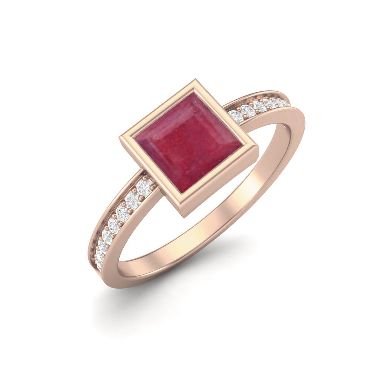 Ruby 0.75 Ct Square Bezel Solitaire Accent Ring – 14k Yellow Gold