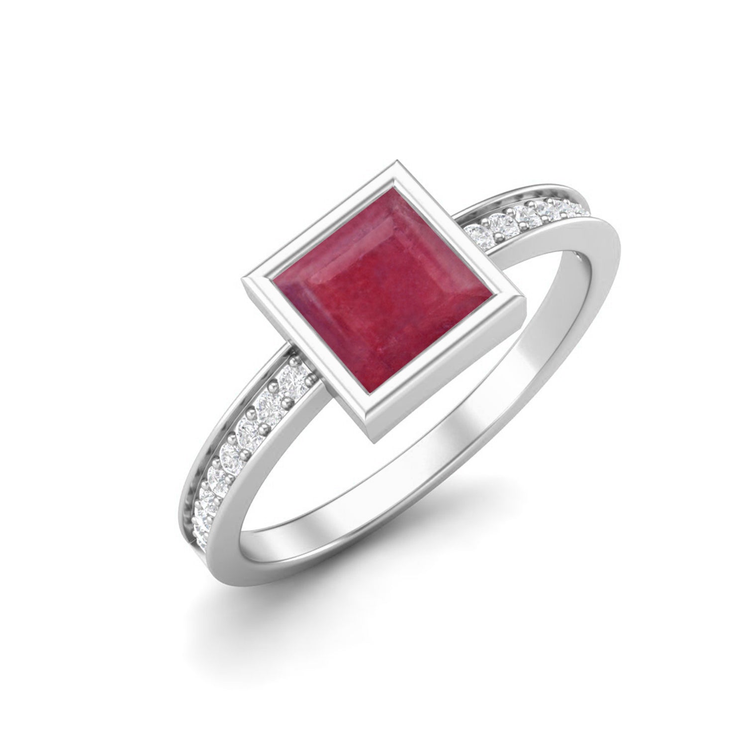 Ruby 0.75 Ct Square Bezel Solitaire Accent Ring – 14k Yellow Gold