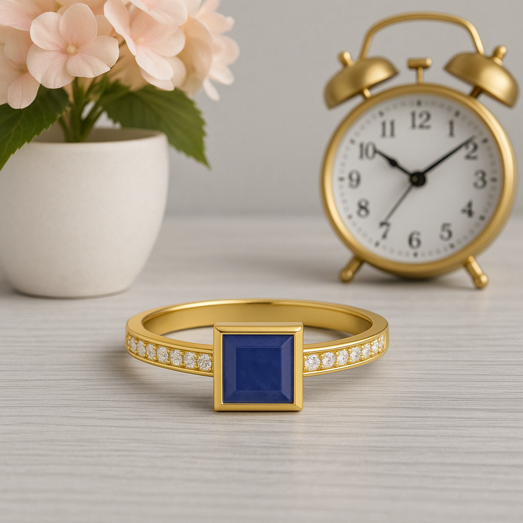 Blue Sapphire 0.75 Ct Square Solitaire with Accents Ring - 14k Yellow Gold